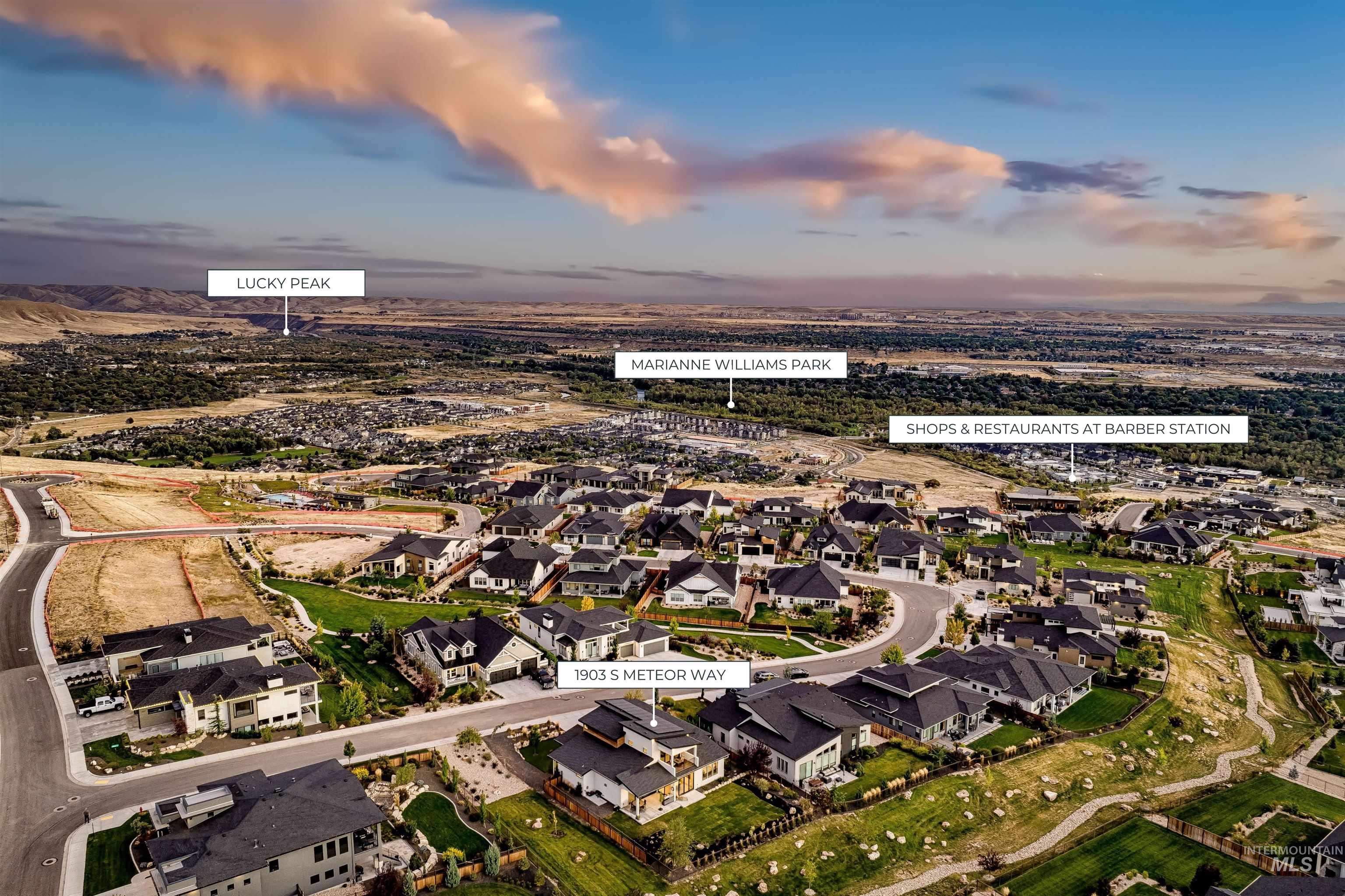 Aerial view at dusk of a residential view