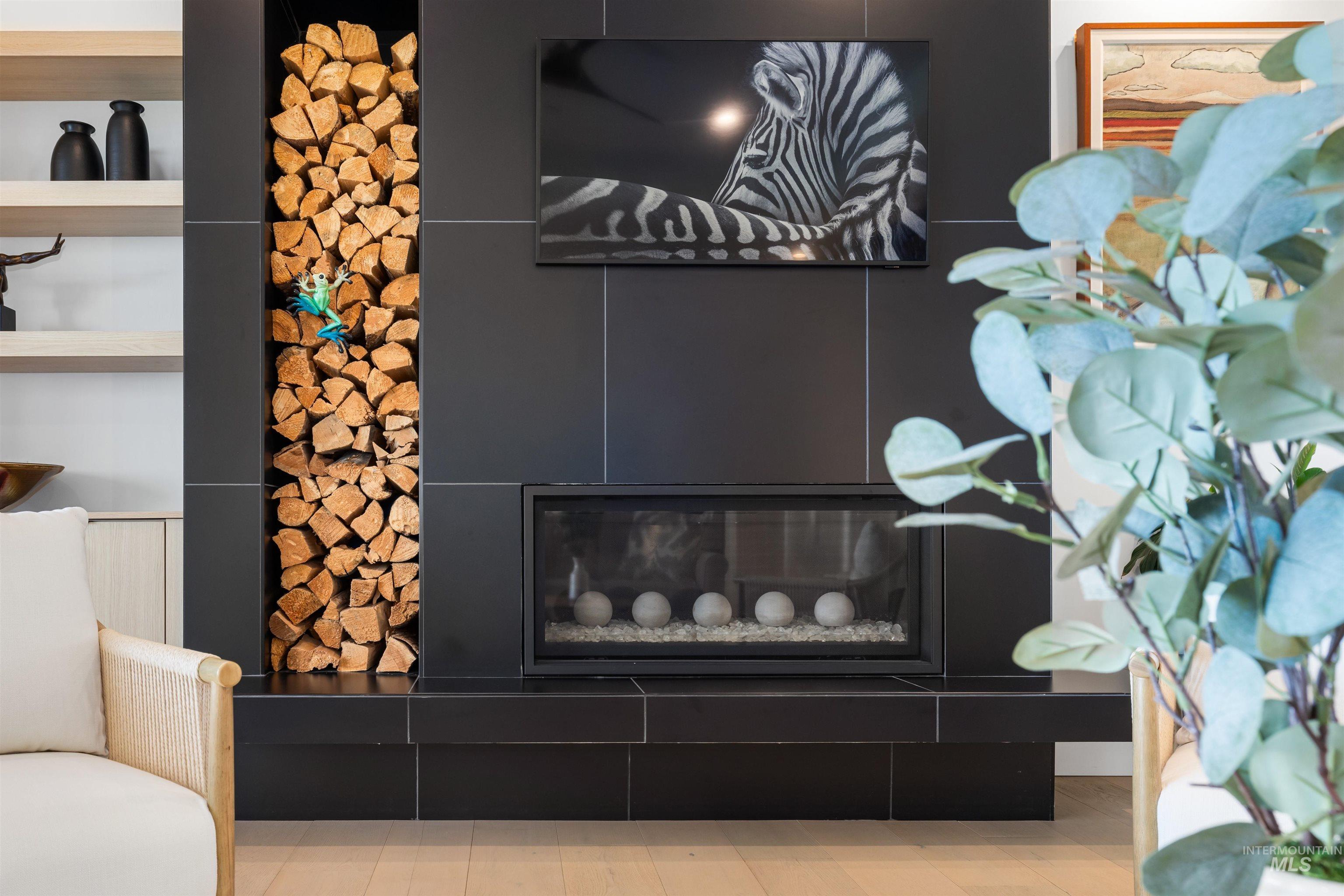 Detailed view of a tile fireplace