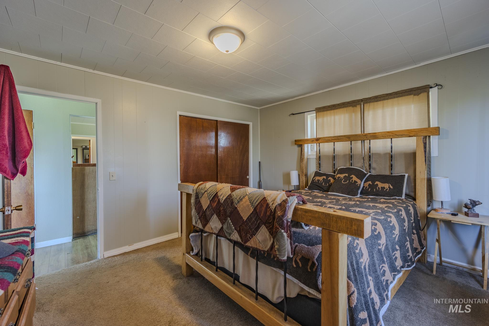 Carpeted bedroom featuring crown molding and a closet
