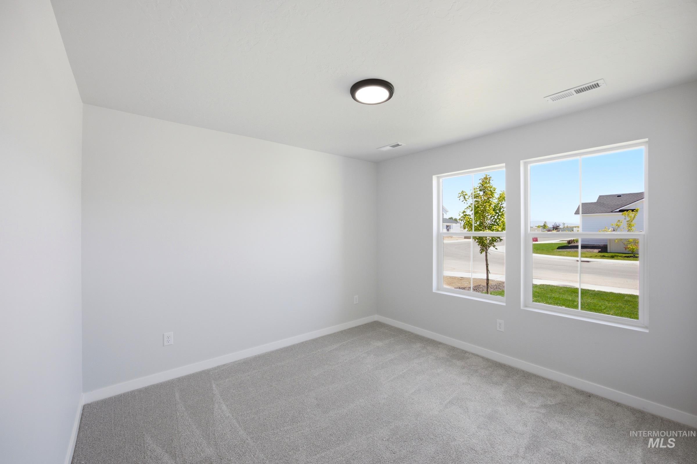 Bright room featuring two large windows, neutral gray walls, light gray carpeting, a contemporary flush-mount ceiling light, and white baseboards