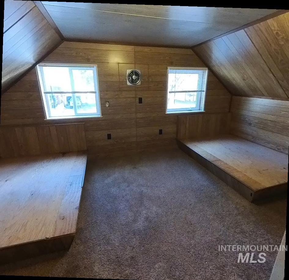 Bonus room featuring carpet flooring, lofted ceiling, and wood walls