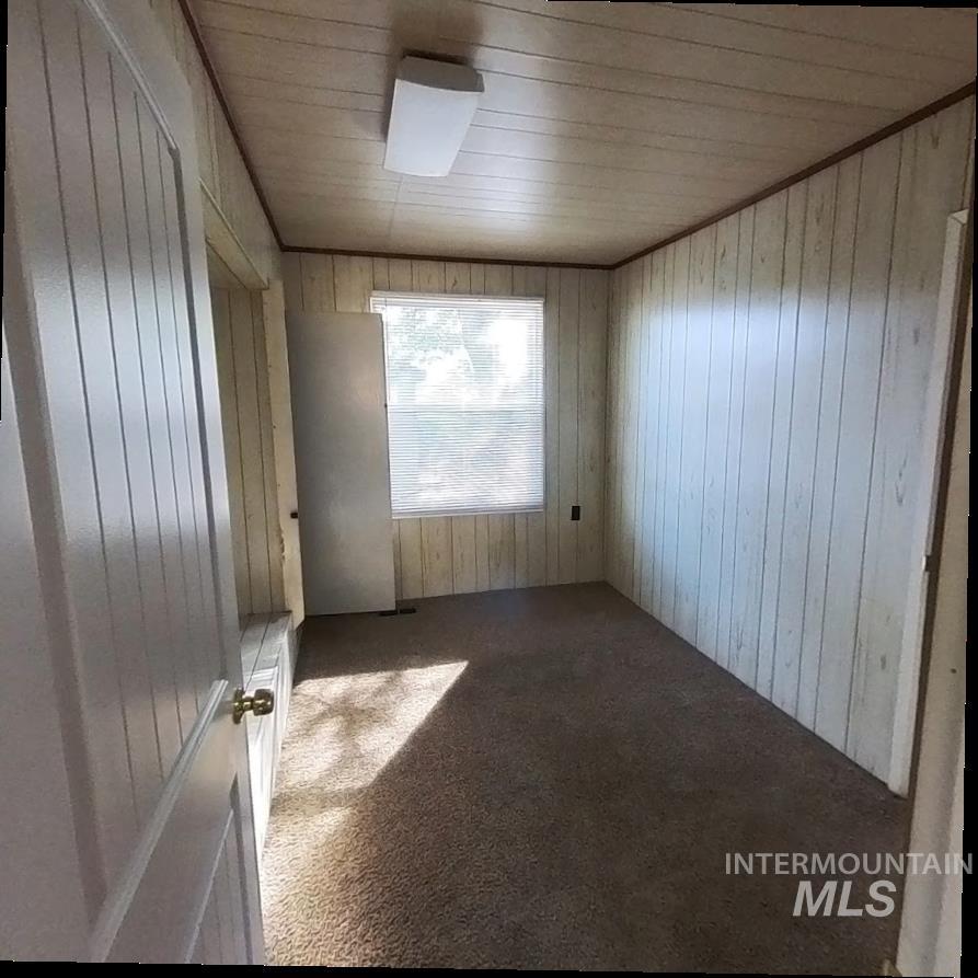 Unfurnished room with carpet floors, wood walls, and wood ceiling