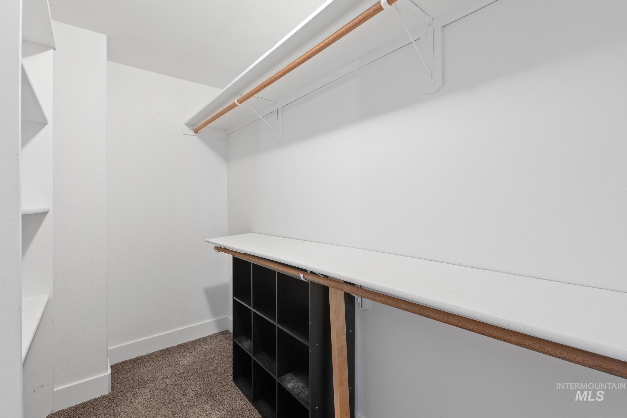 Spacious closet with dark colored carpet