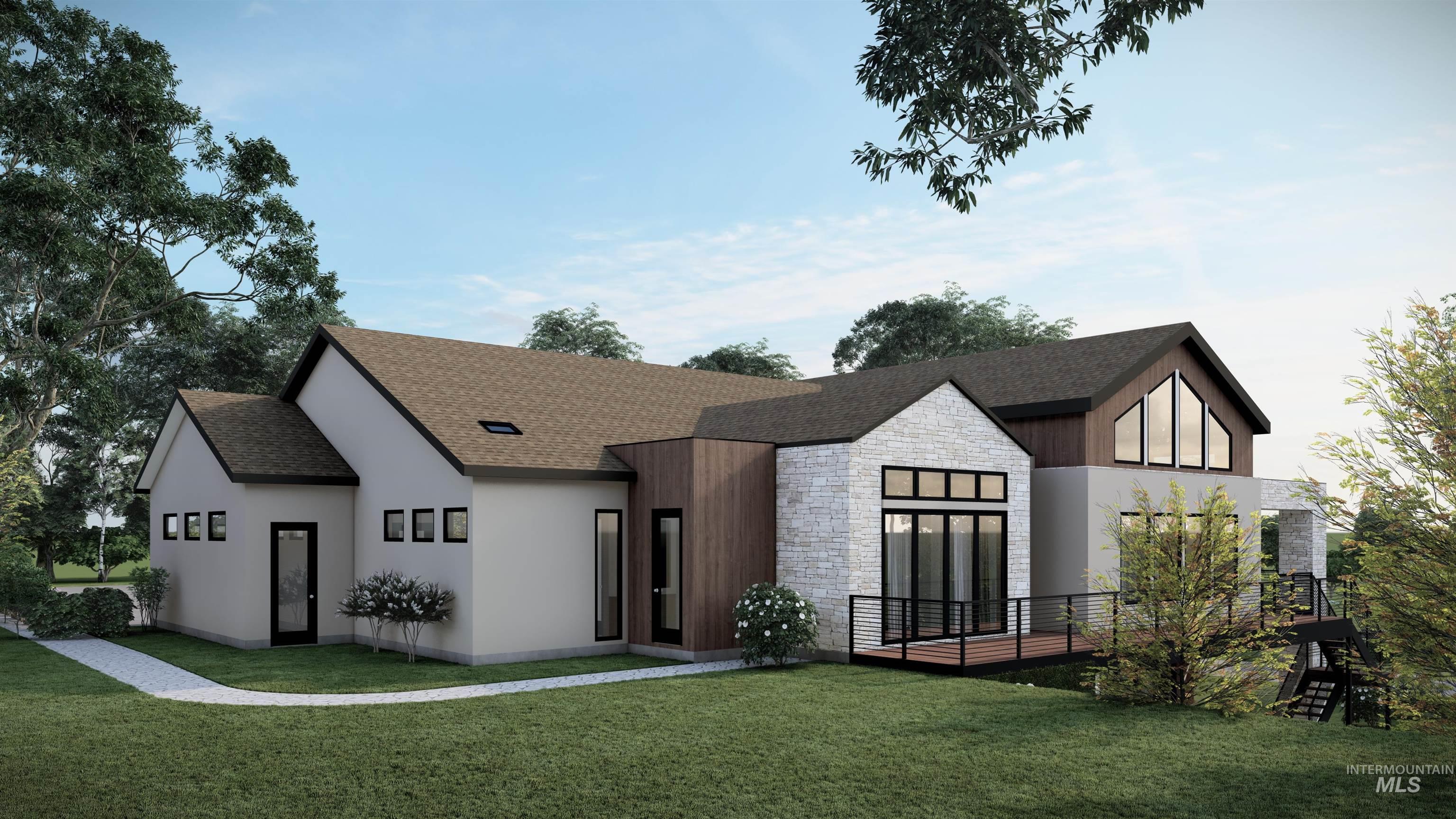 Back of property with stone siding, a lawn, and a shingled roof