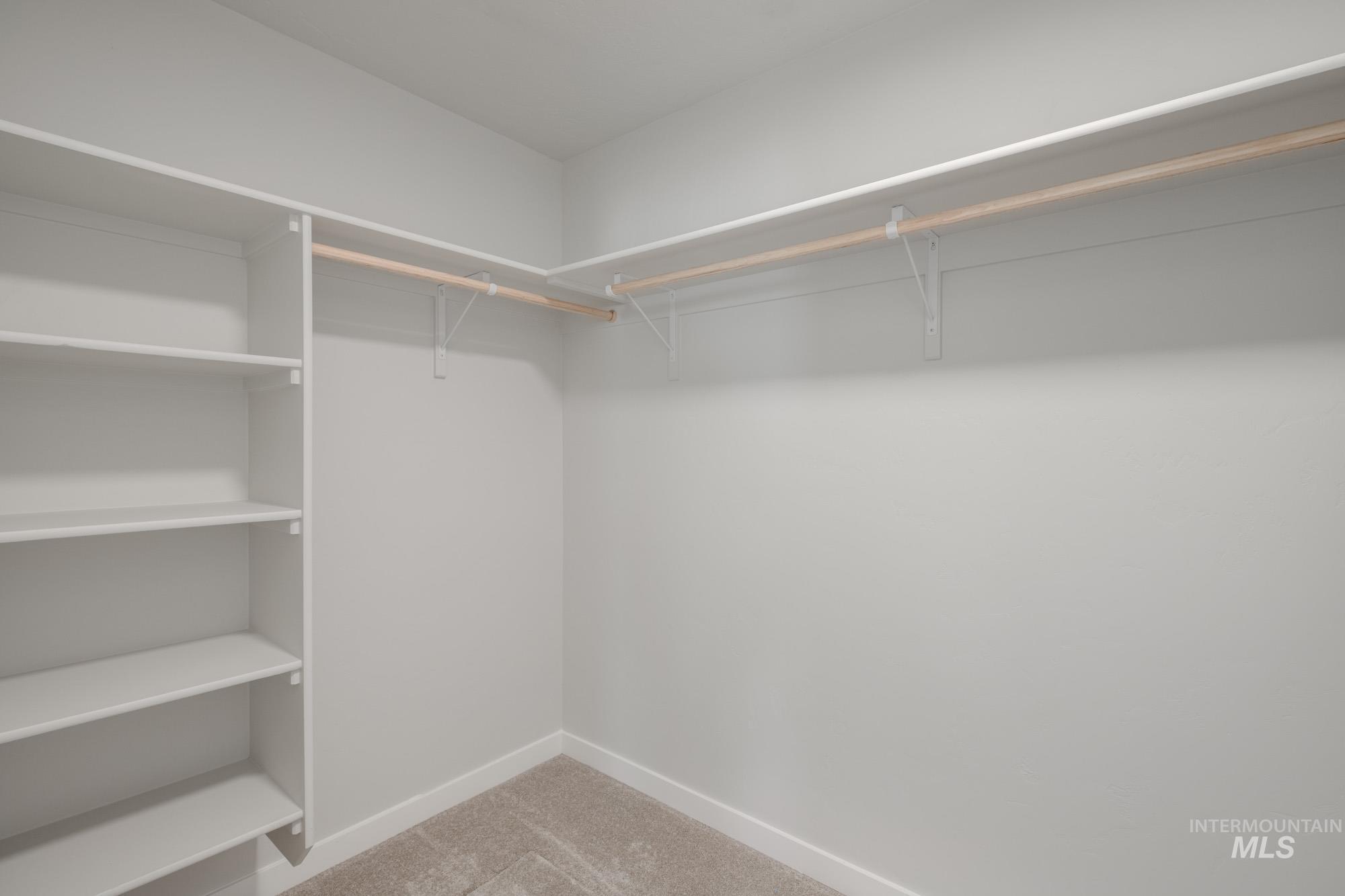 Spacious closet featuring light colored carpet