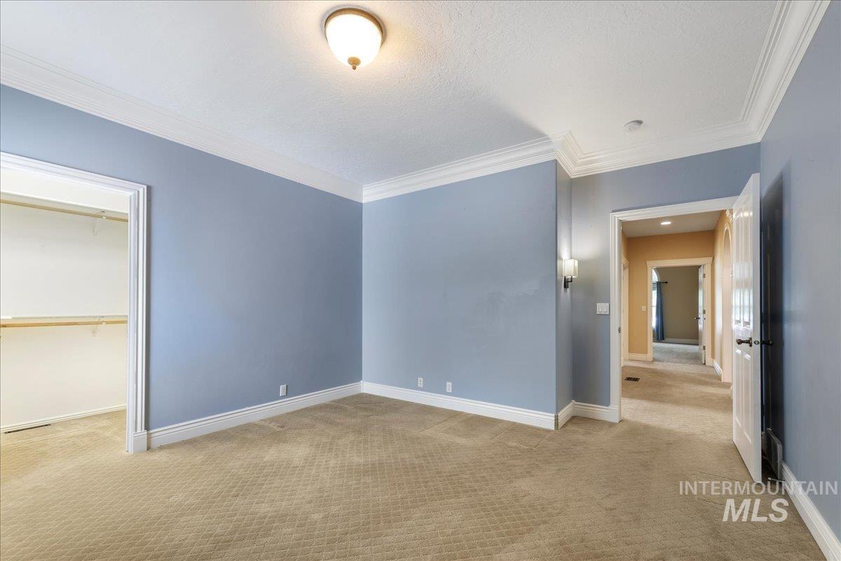 Unfurnished bedroom featuring crown molding, carpet flooring, and a closet