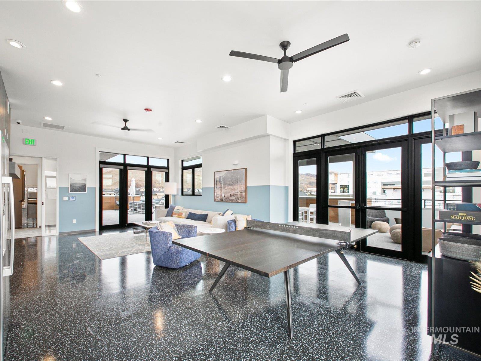 Playroom with french doors, ceiling fan, and recessed lighting