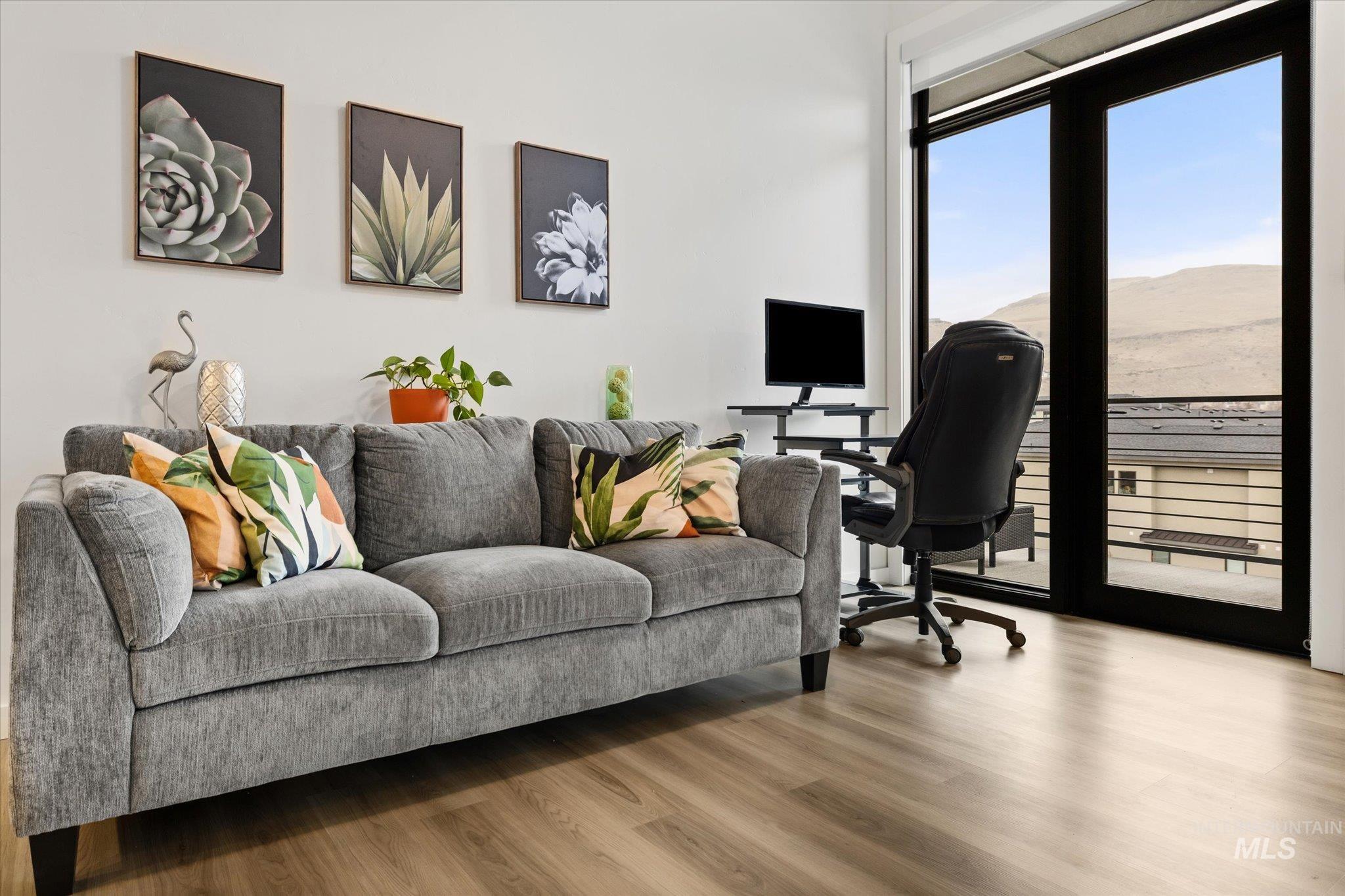 Office with wood finished floors