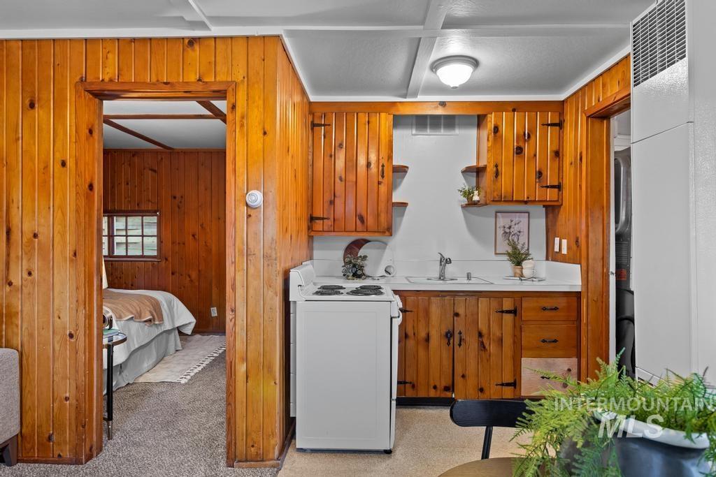 Washroom with wood walls, light colored carpet, and a heating unit