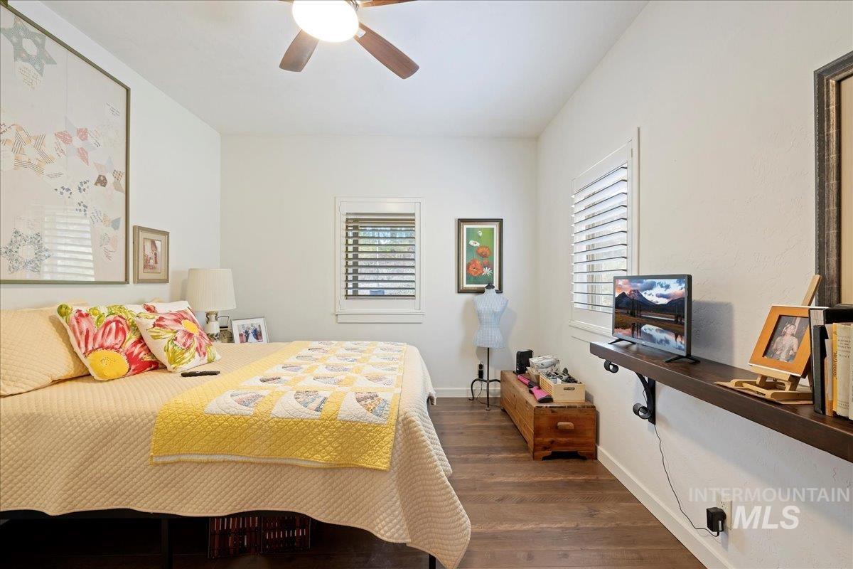 Bedroom with dark wood finished floors, multiple windows, and a ceiling fan