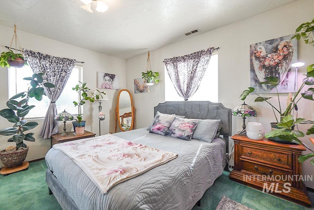 Carpeted bedroom featuring multiple windows