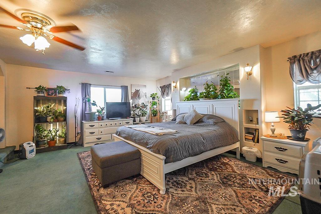 Carpeted bedroom featuring ceiling fan and a textured ceiling