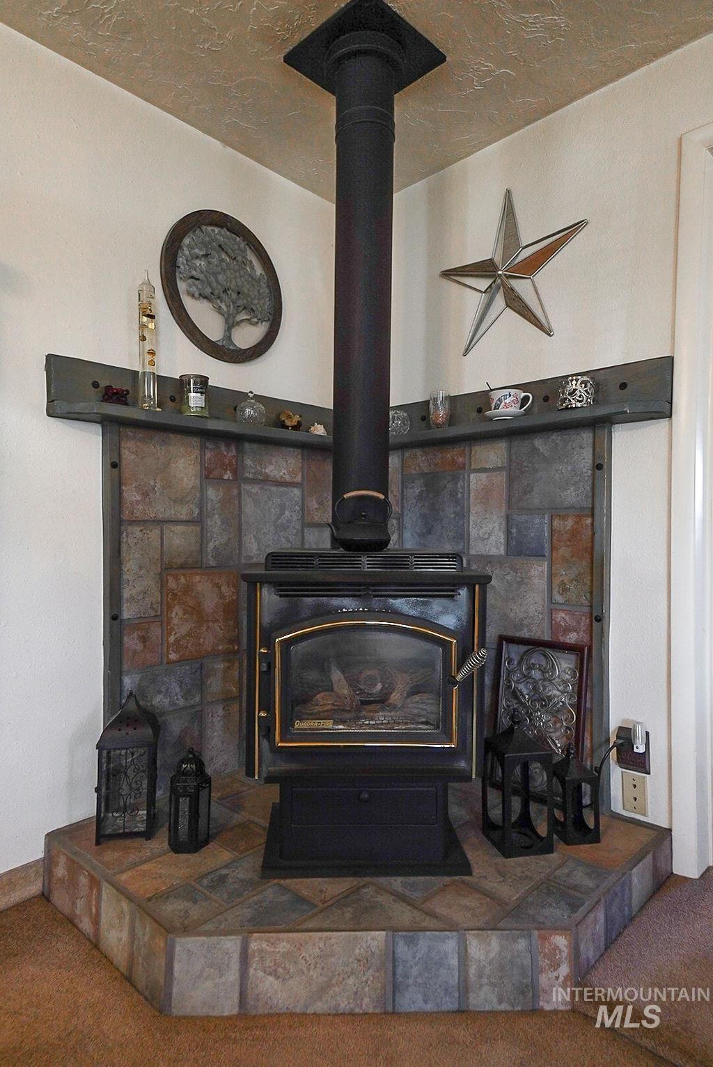 Detailed view of a wood stove and carpet floors