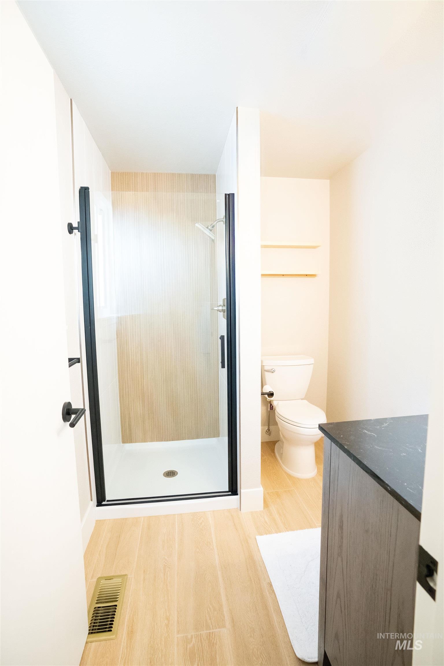 Full bathroom with a stall shower, light wood-style floors, and vanity