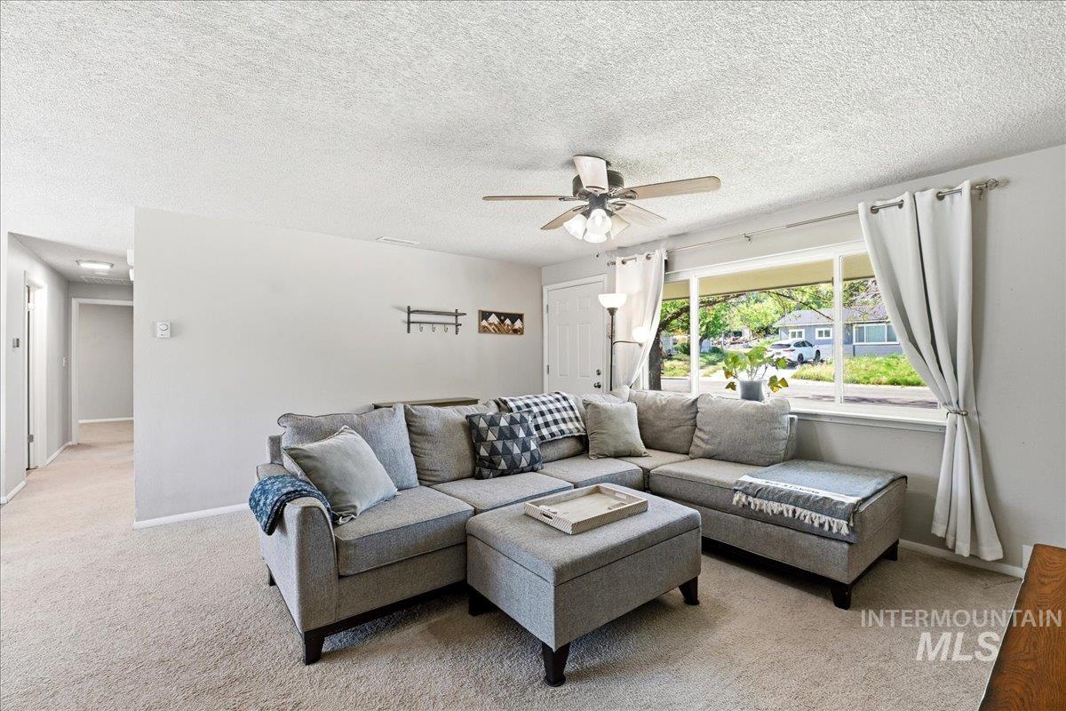 Living area featuring light gray walls and plush carpet flooring