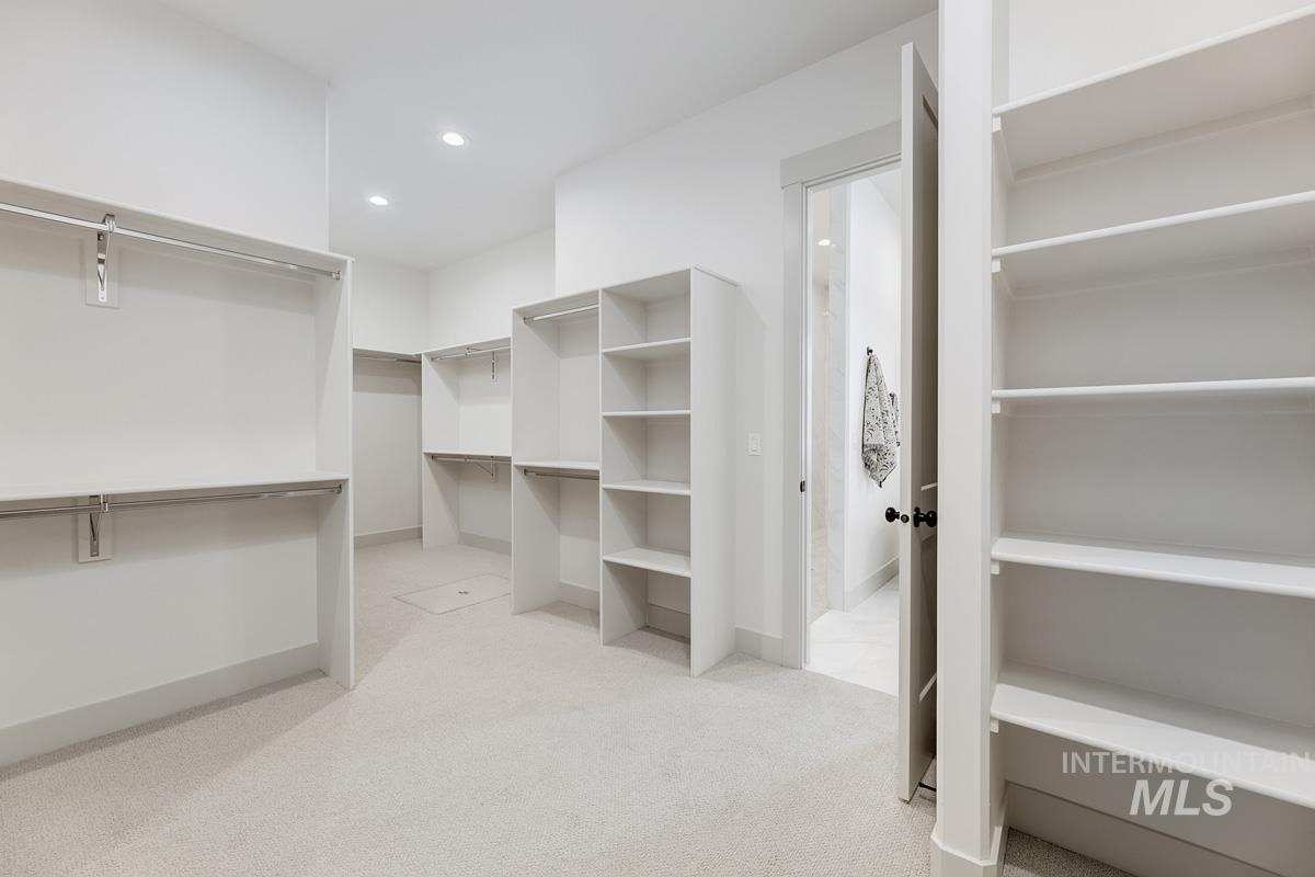 Walk in closet with light carpet