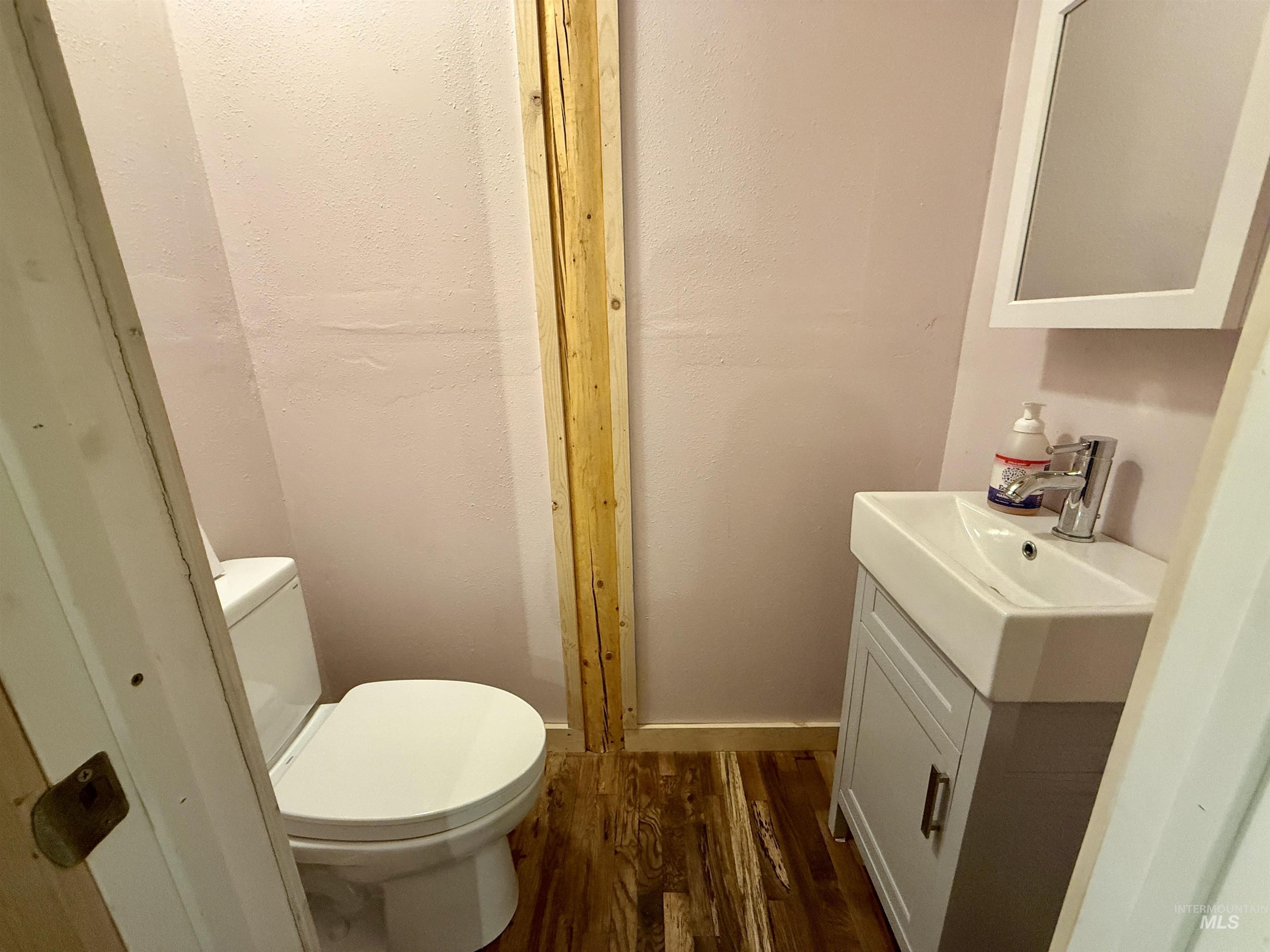 Half bathroom featuring vanity and wood finished floors