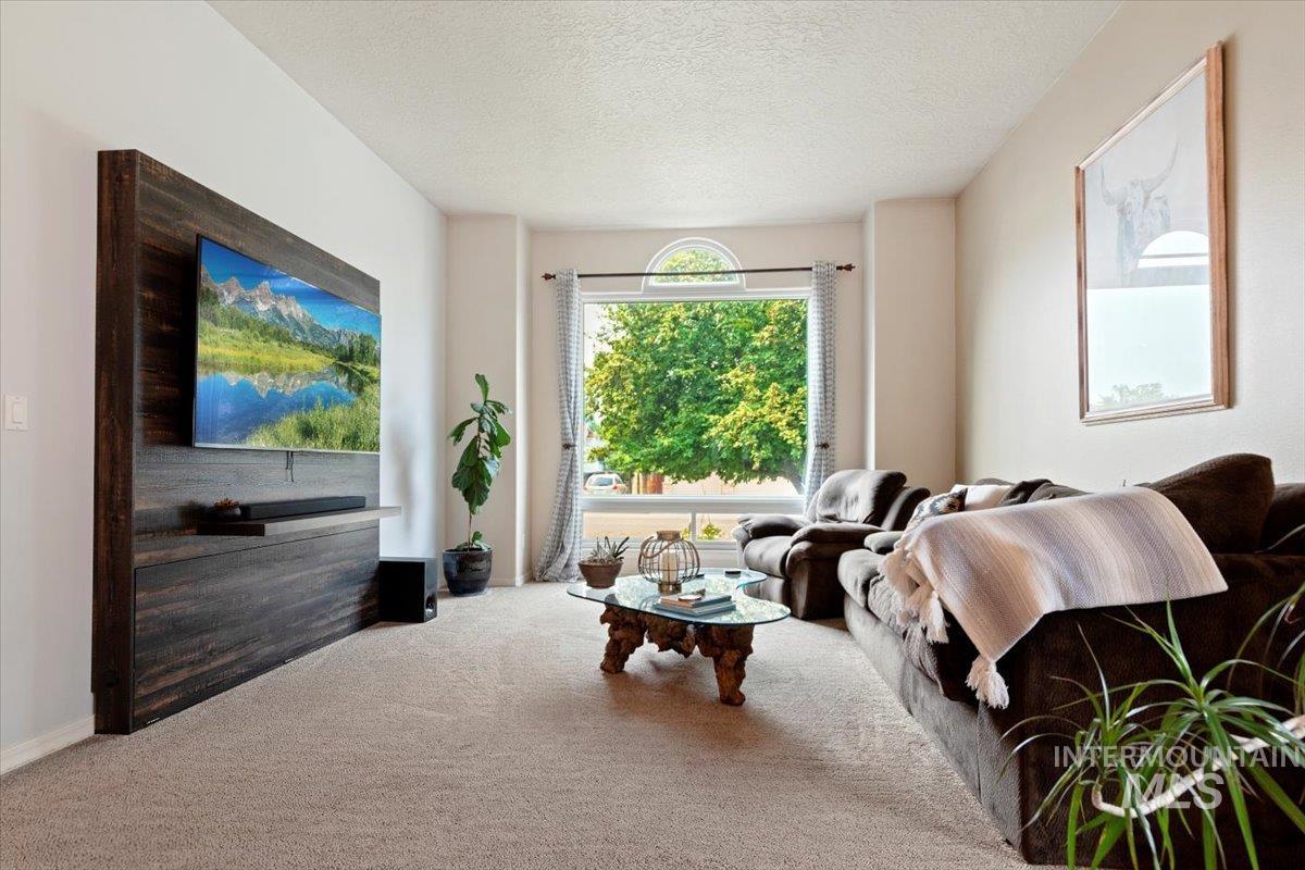 Living room with carpet floors and a textured ceiling
