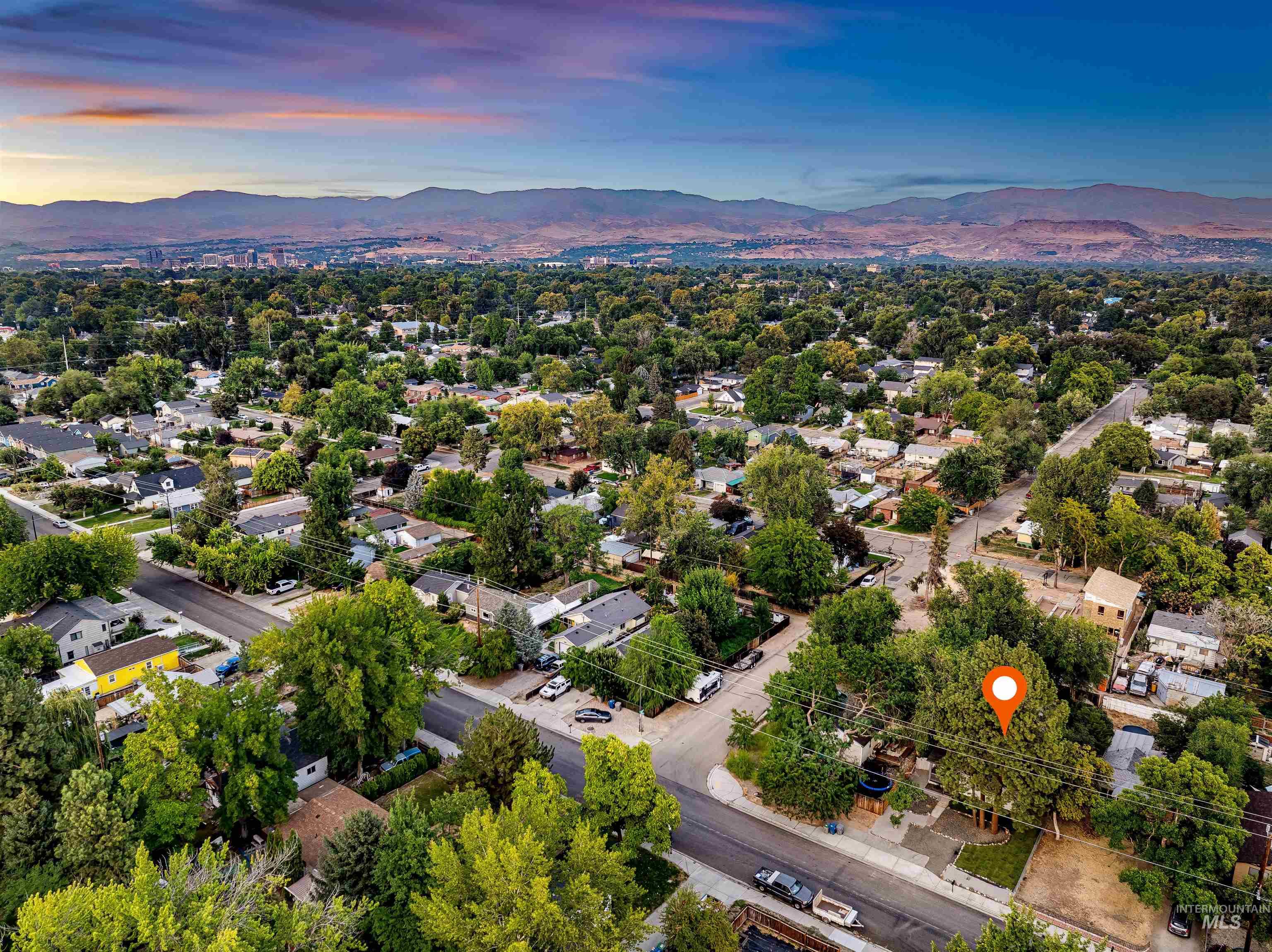 Aerial view at dusk of a mountain view