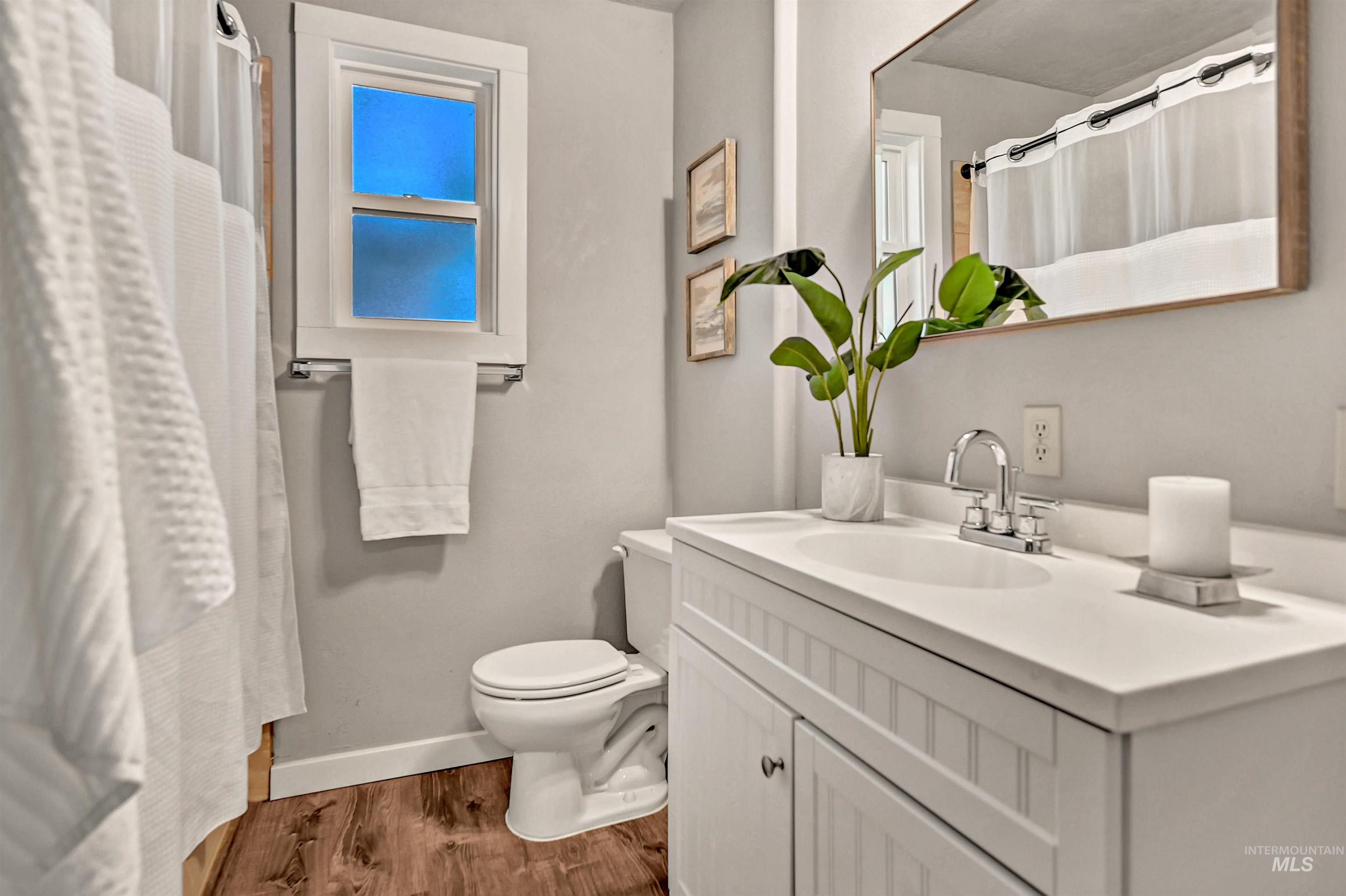 Full bath with dark wood finished floors, vanity, and curtained shower