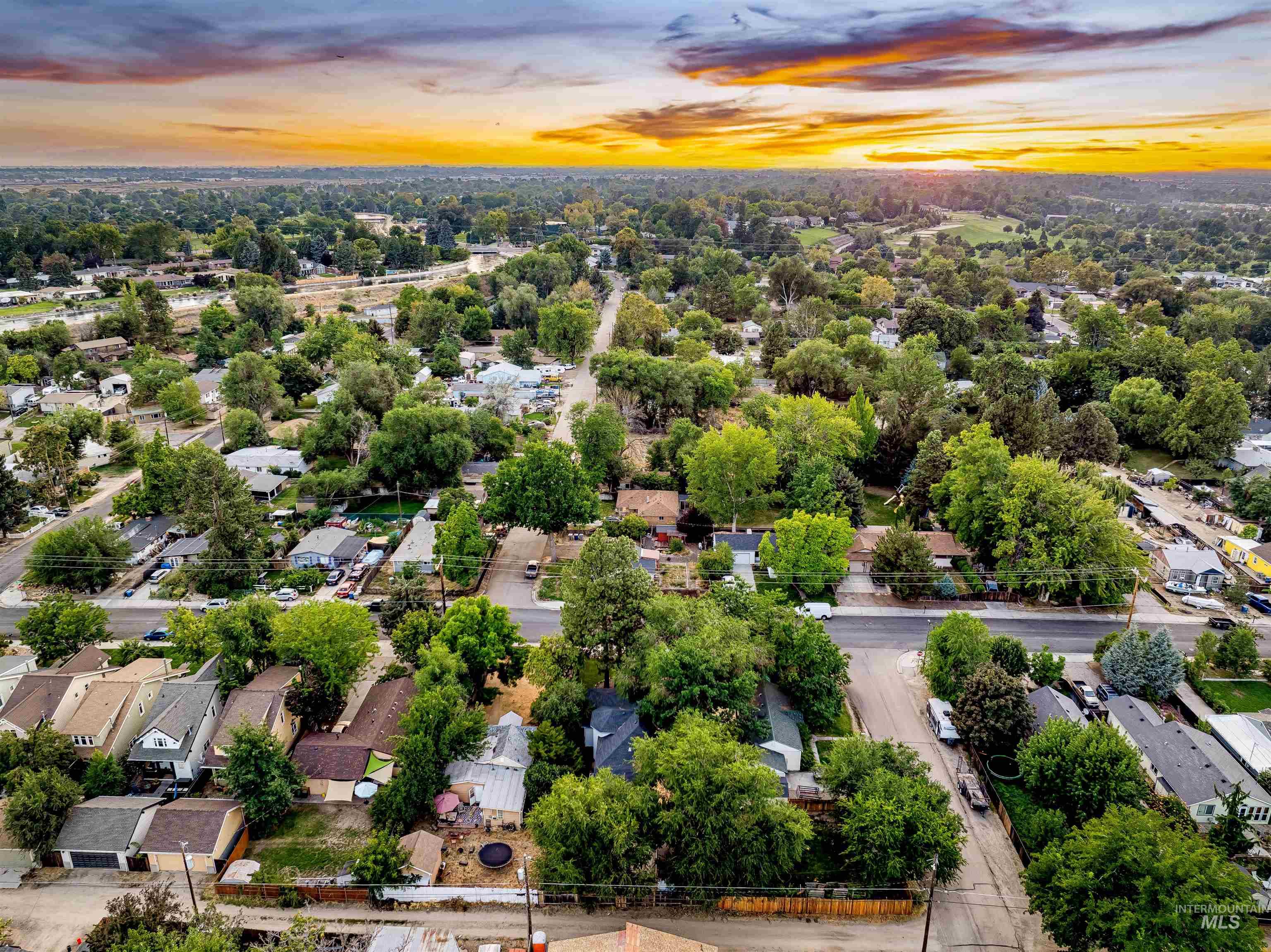 Aerial view at dusk of a residential view