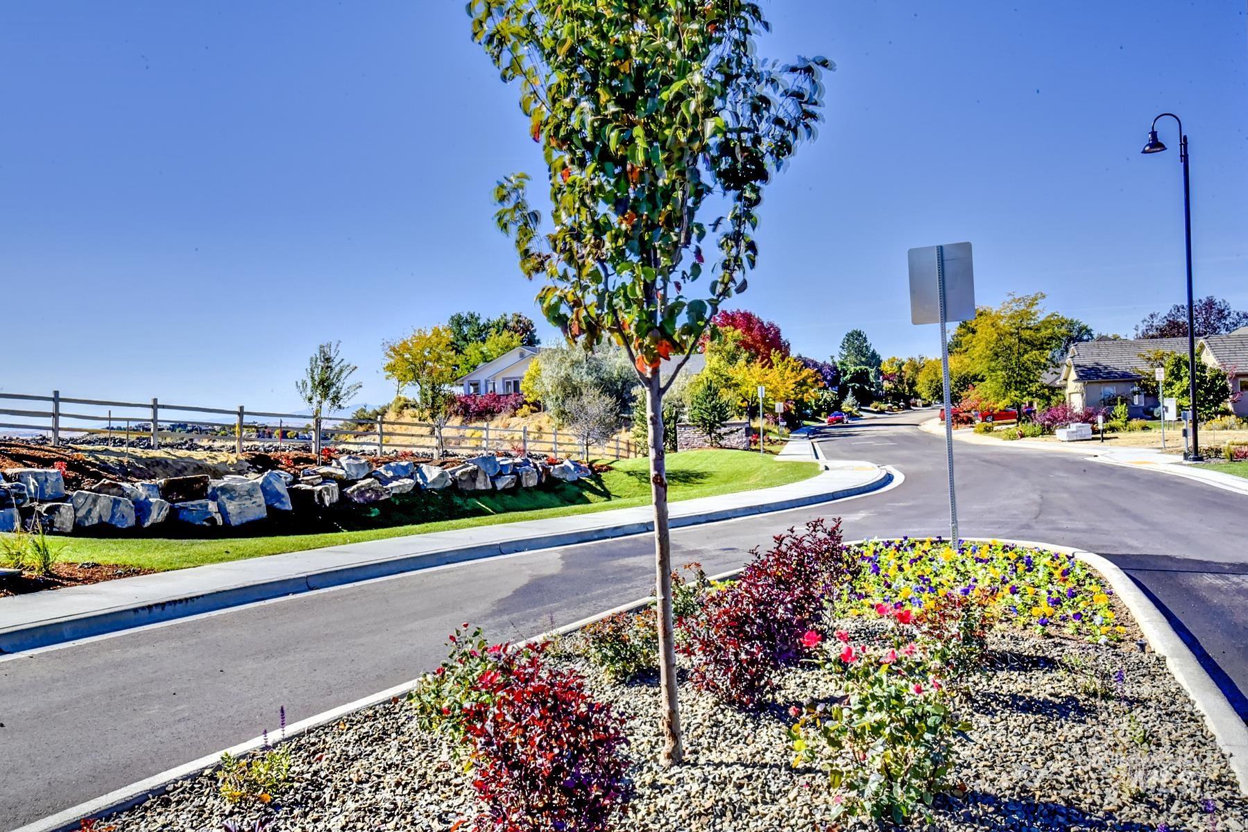 View of asphalt street featuring sidewalks, street lighting, and curbs