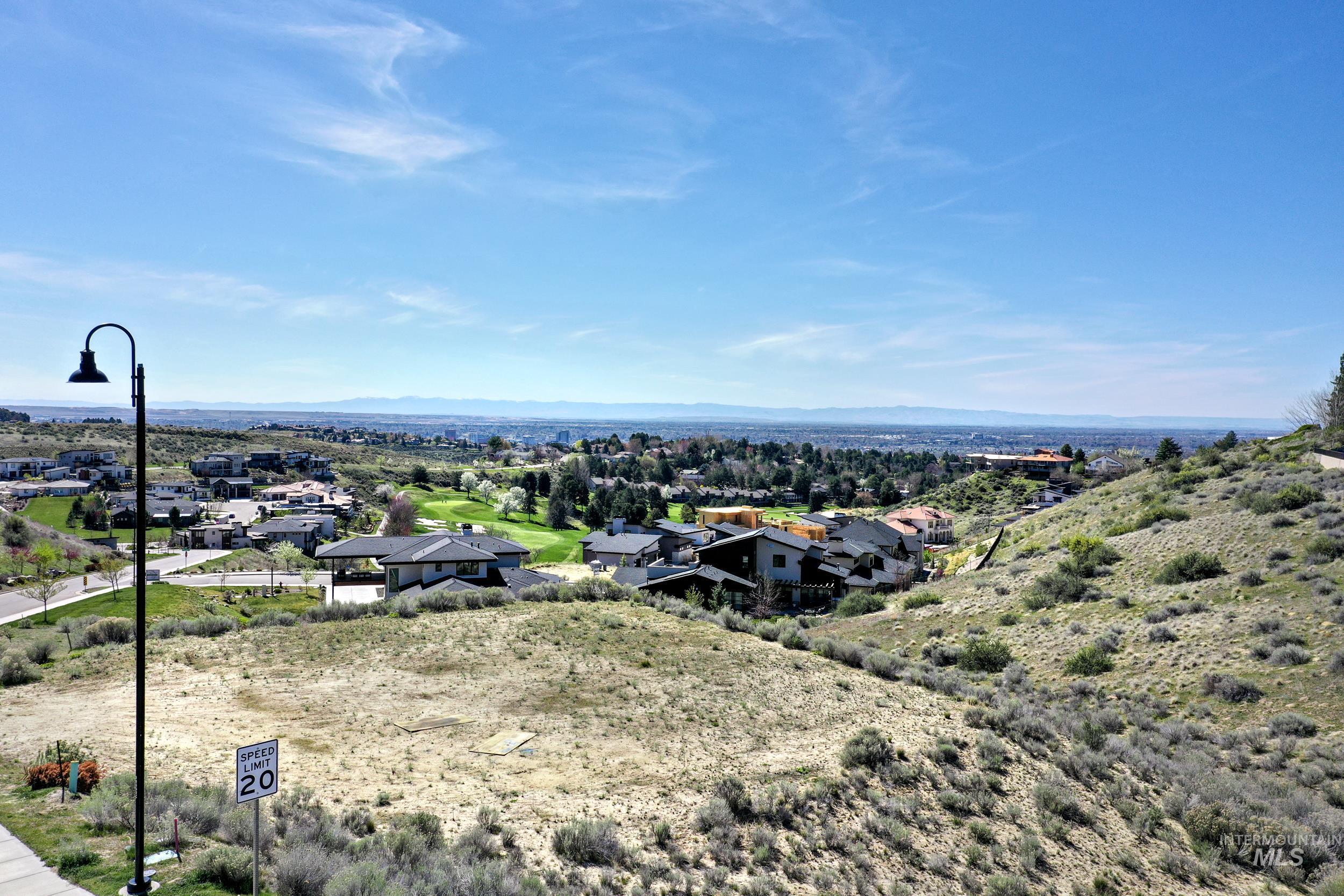 Aerial perspective of suburban area featuring a mountain backdrop