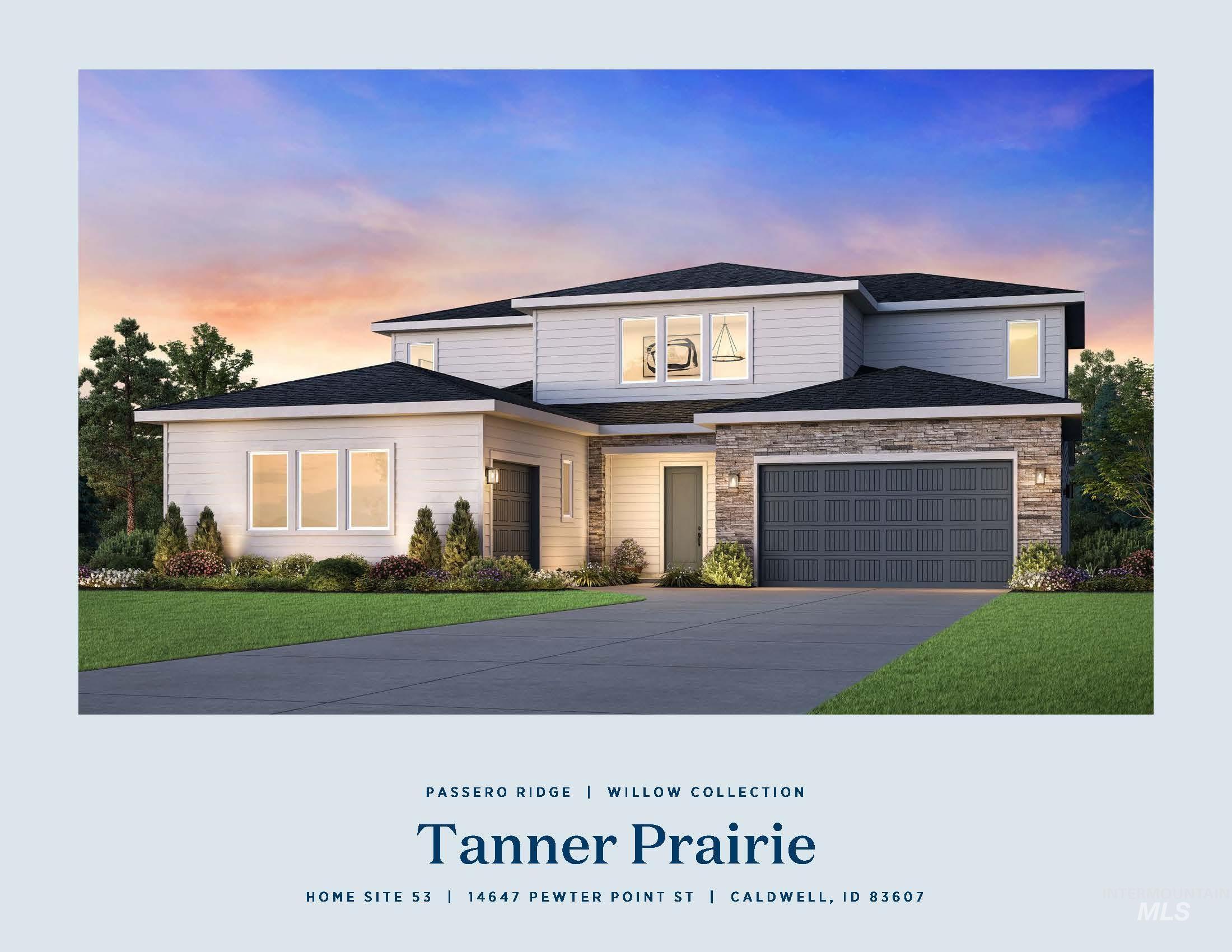 View of front of house featuring concrete driveway, a garage, a lawn, and stone siding