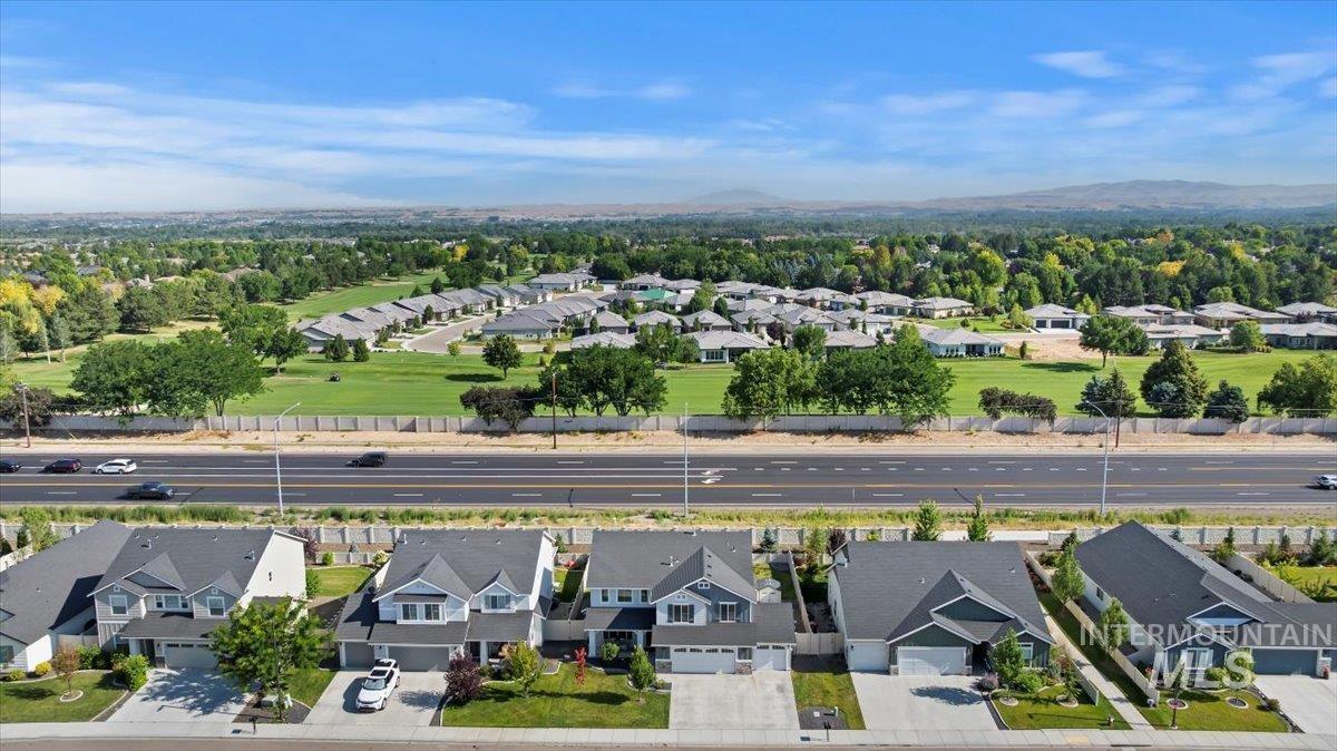 Aerial view of residential area with mountains
