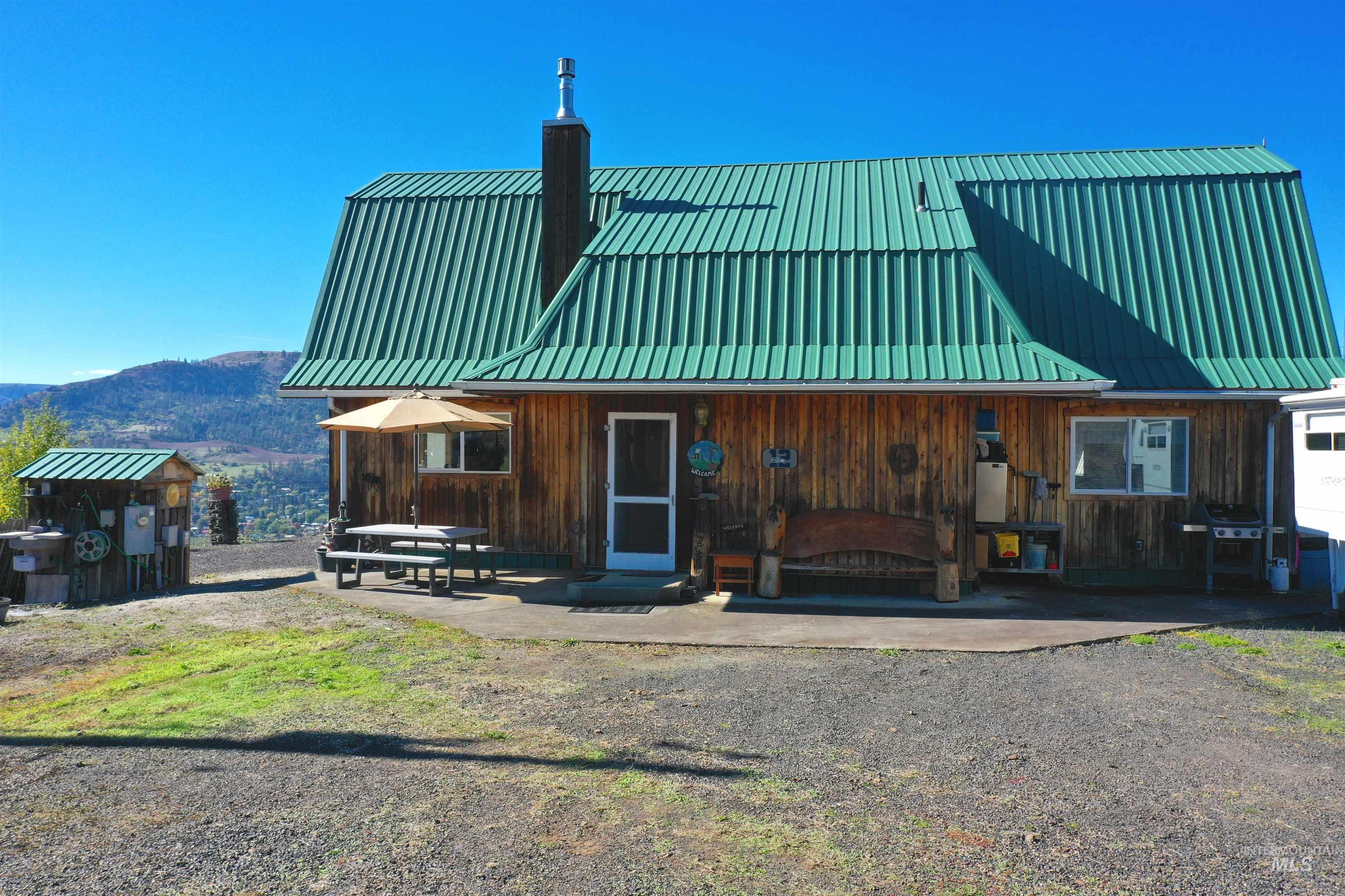 View of front facade with a chimney, a metal roof, and a mountain view
