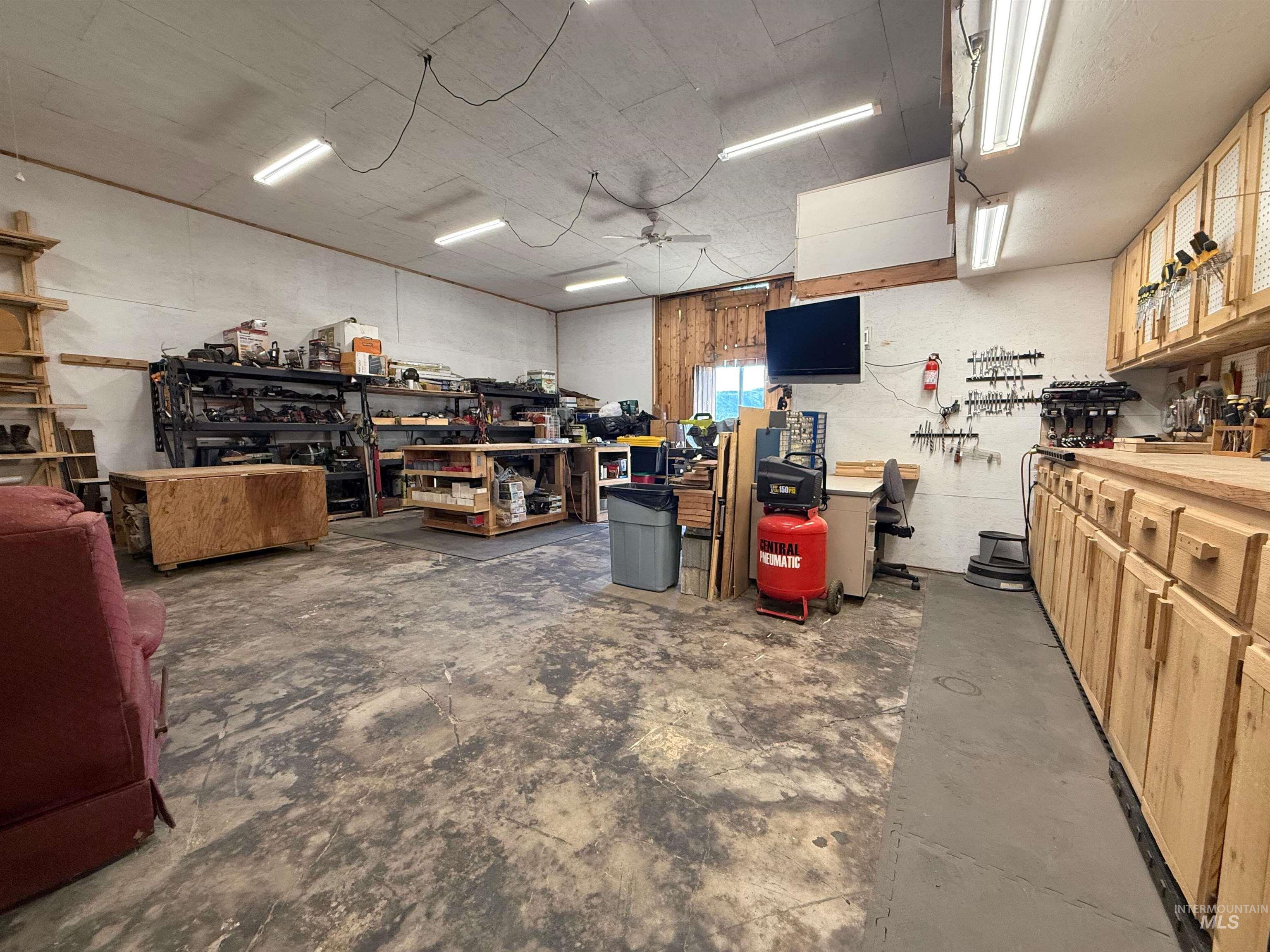 Garage with a workshop area