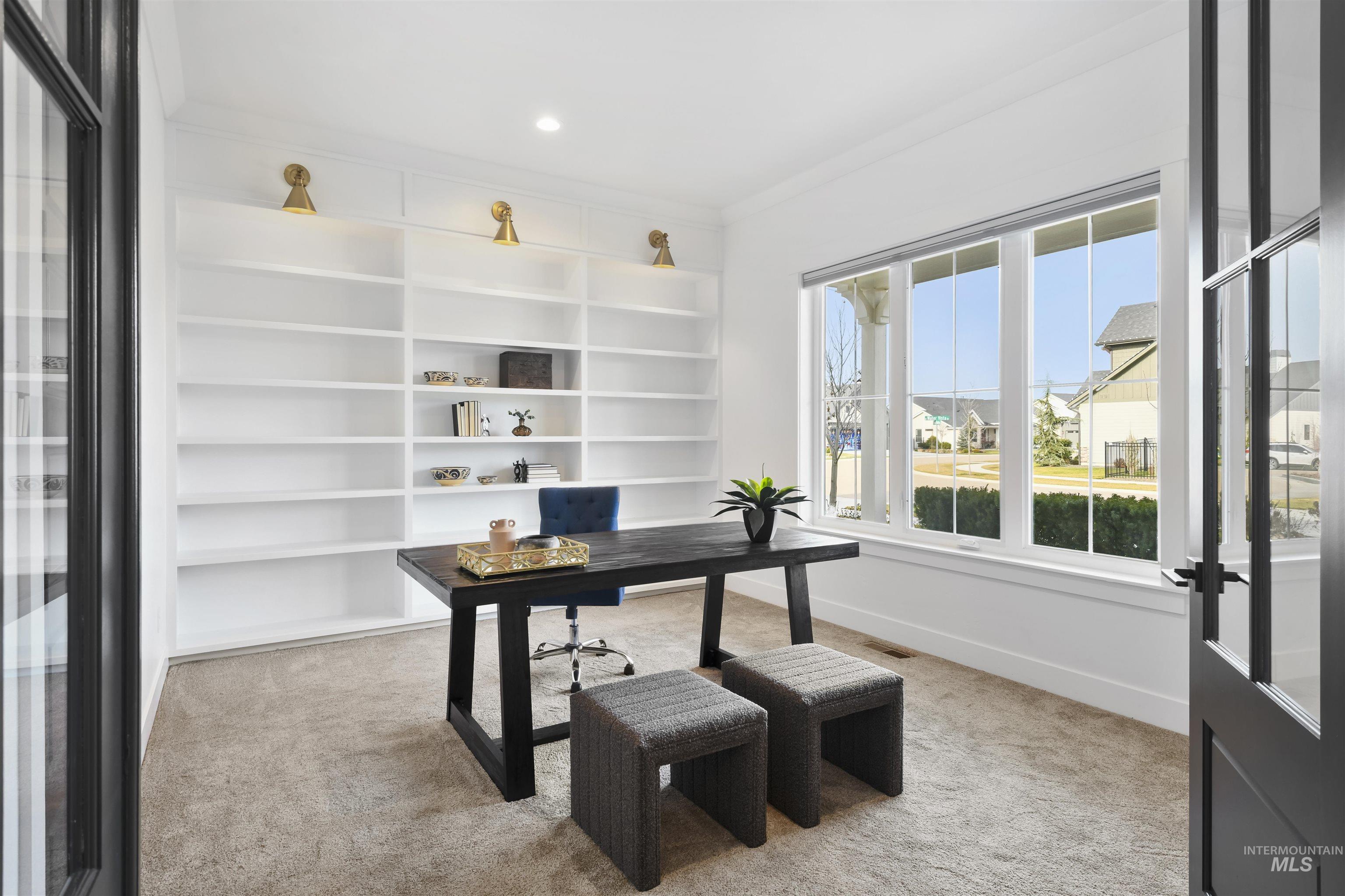 Office featuring light carpet, crown molding, and recessed lighting