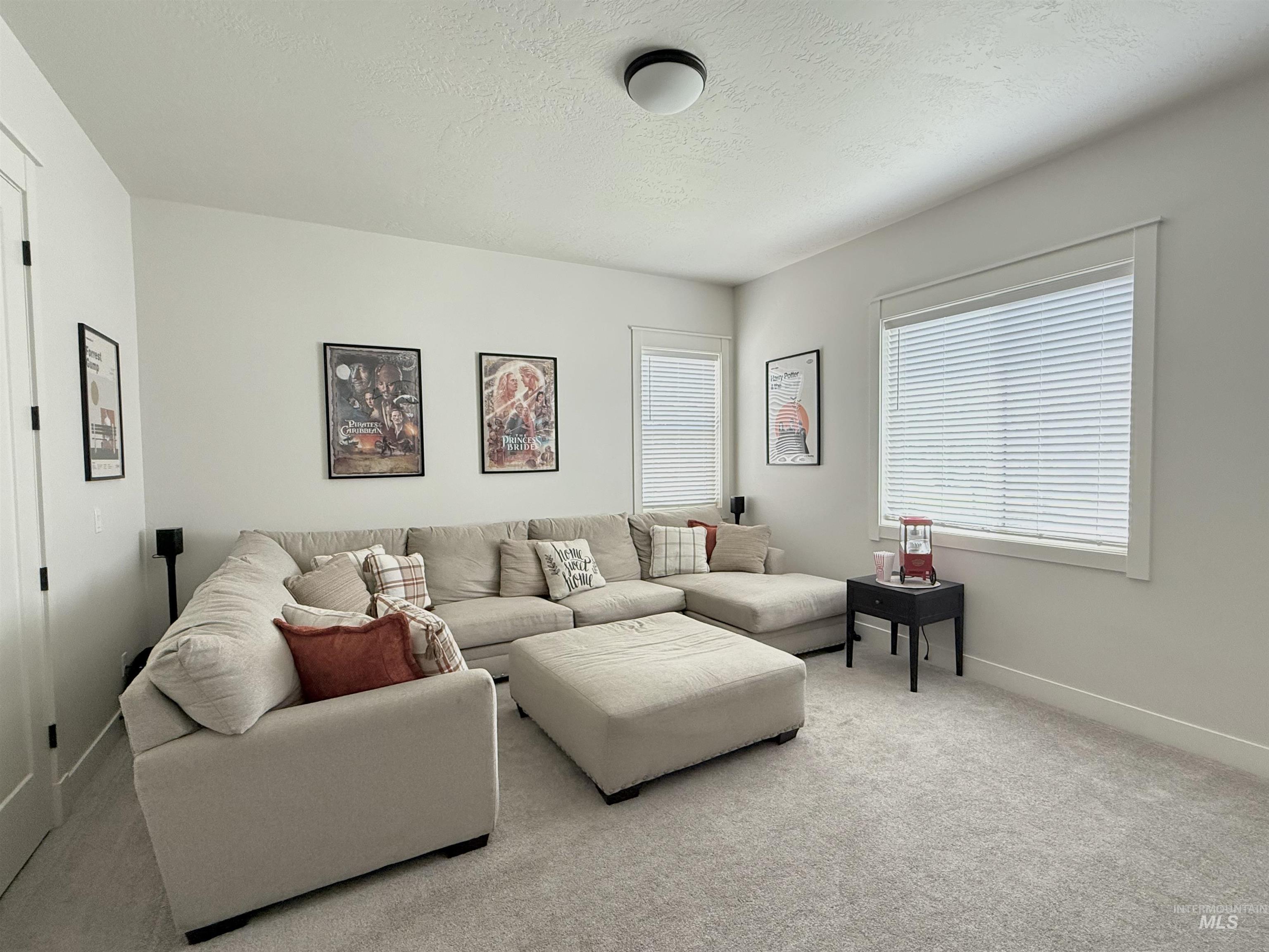 Carpeted living area featuring baseboards and a textured ceiling