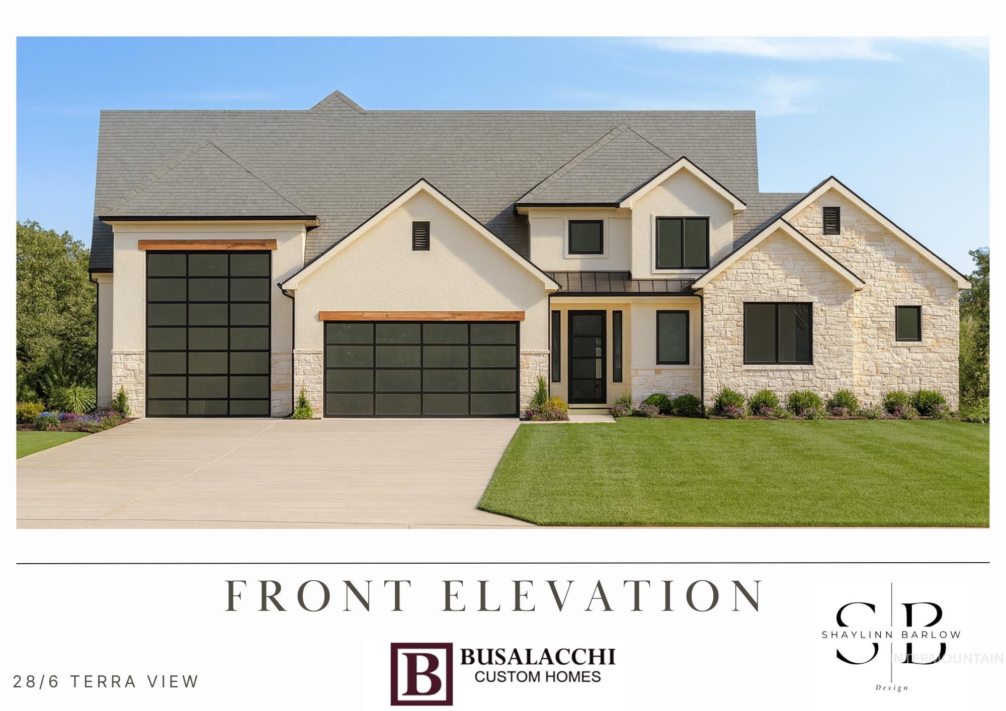 View of front of home with stone siding, an attached garage, a standing seam roof, and driveway