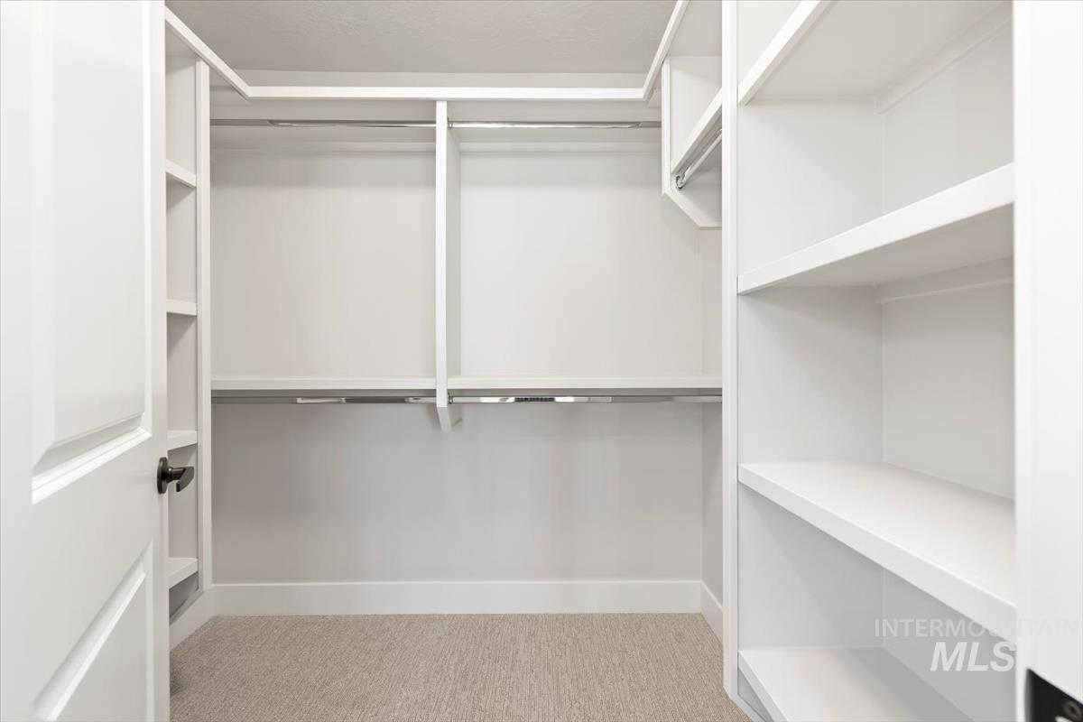 Spacious closet featuring light colored carpet