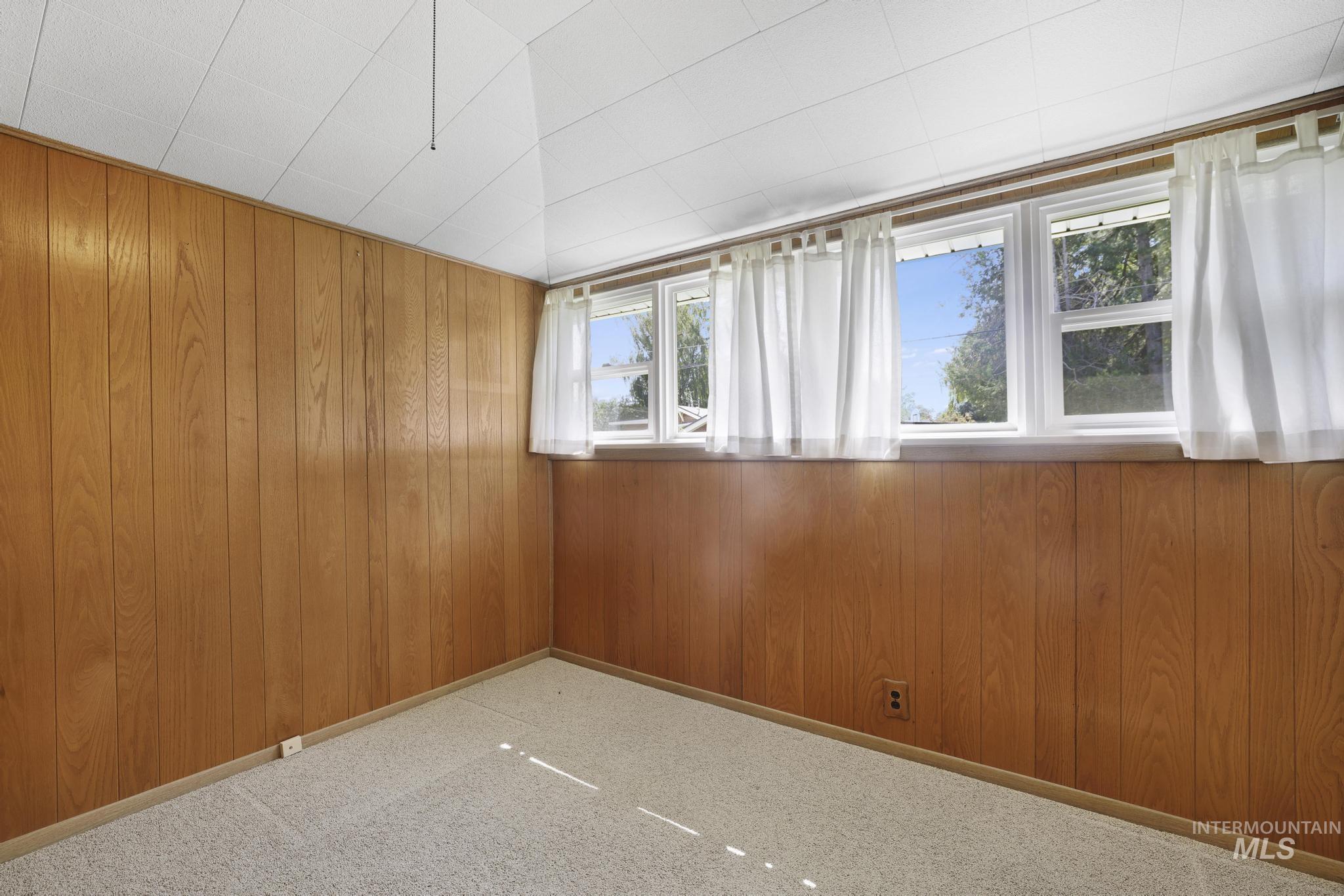 Unfurnished room featuring wood walls and carpet floors
