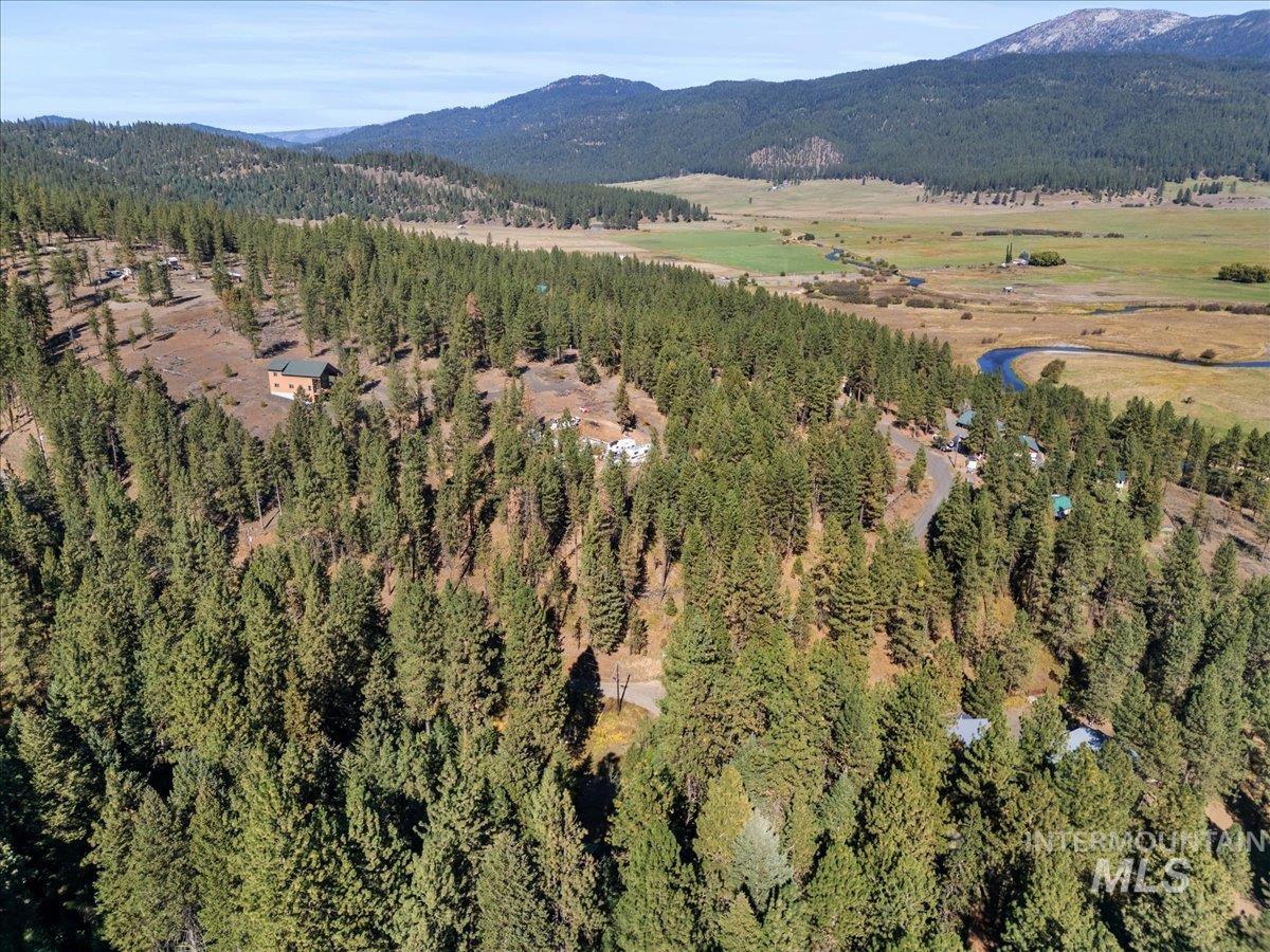 Aerial overview of property's location featuring a heavily wooded area and mountains