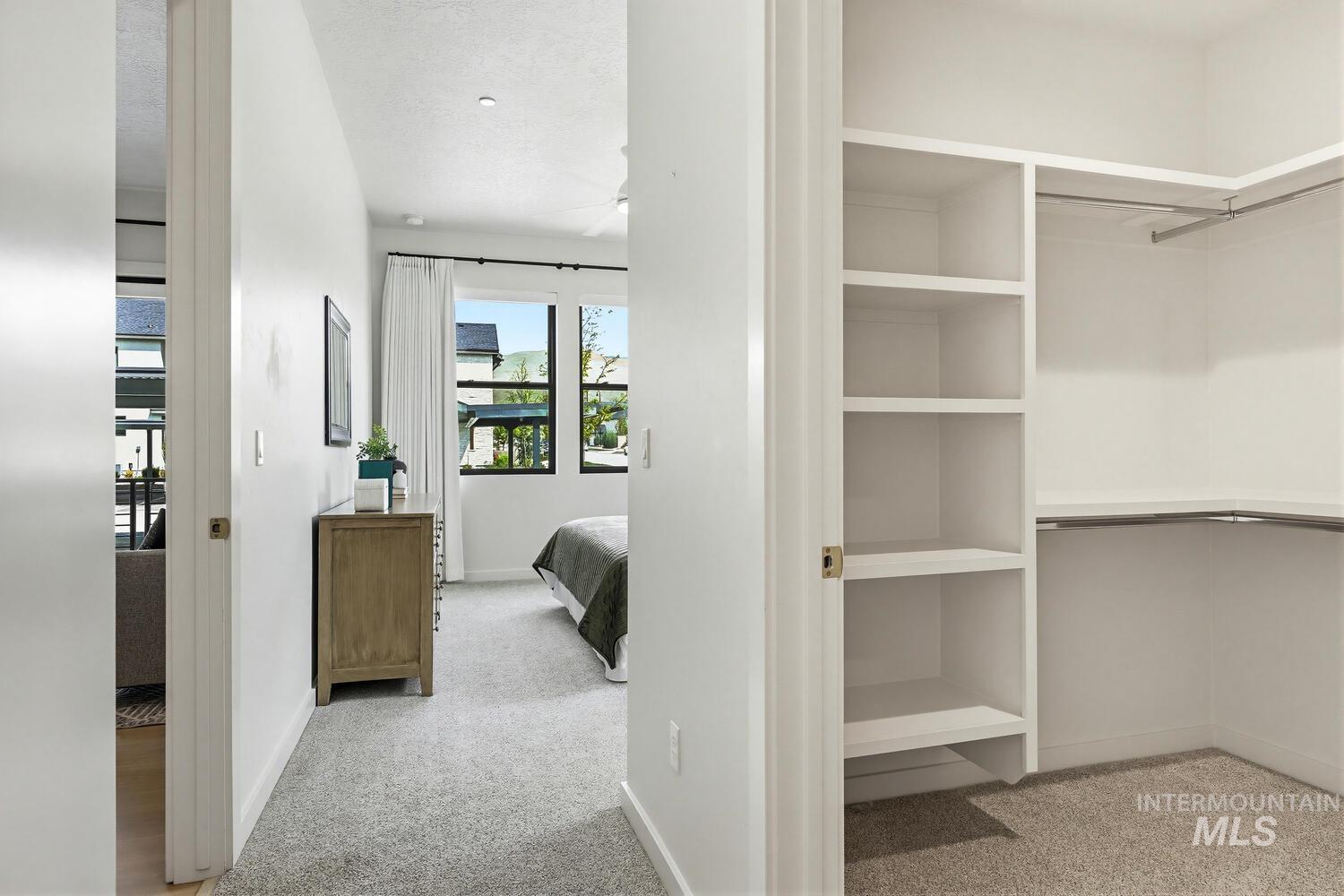Walk in closet featuring light colored carpet