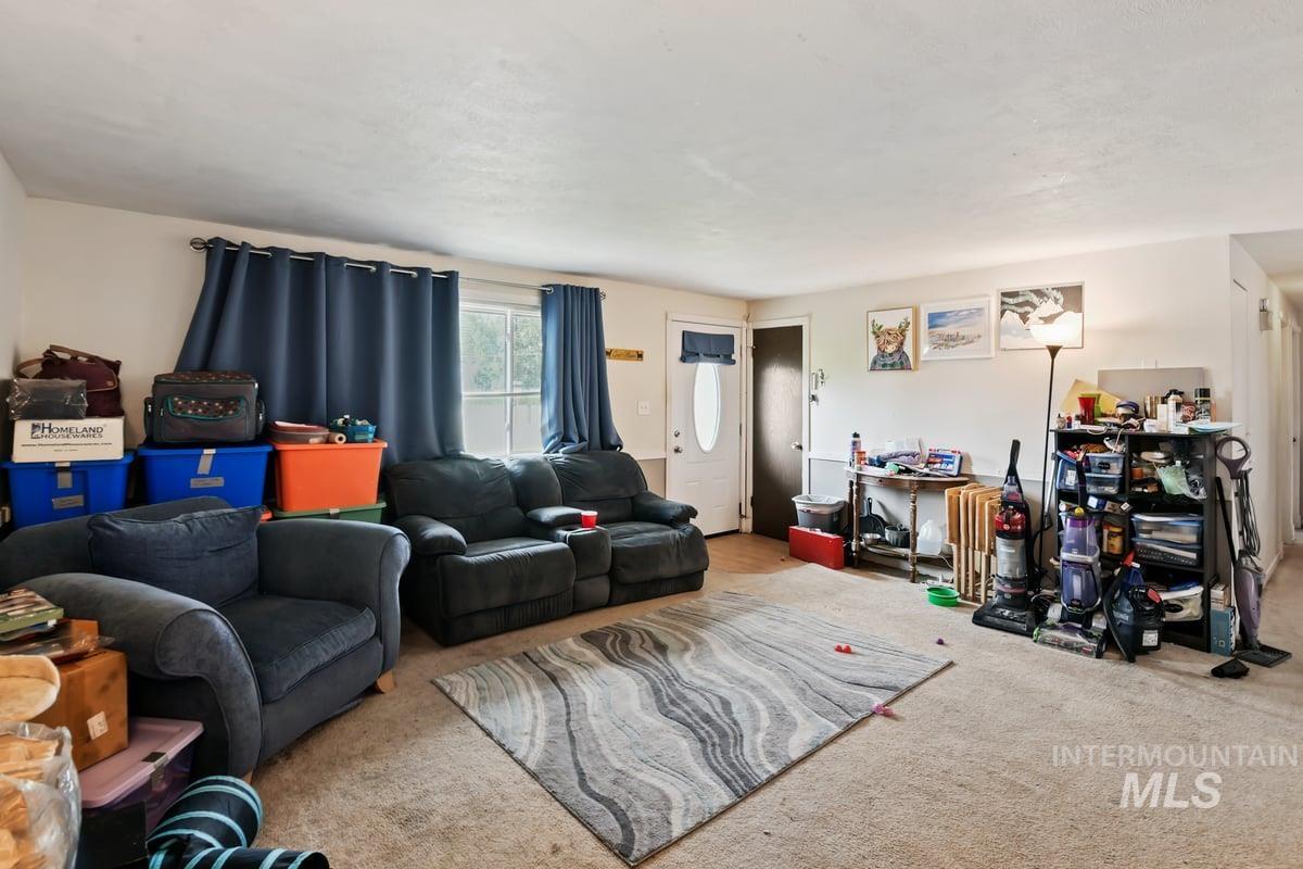 Living area featuring carpet flooring