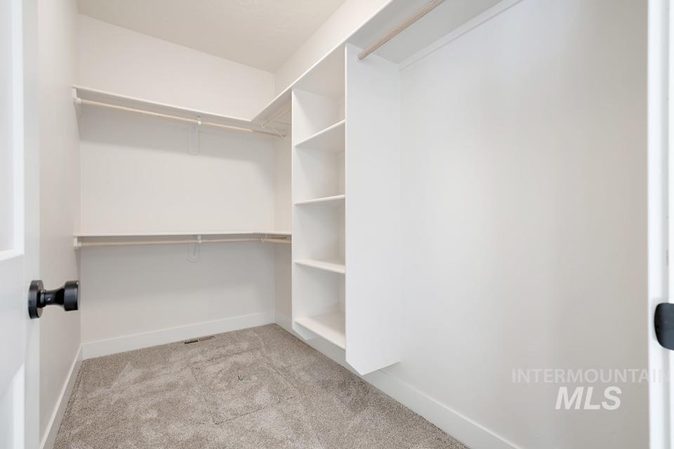 Walk in closet with light carpet