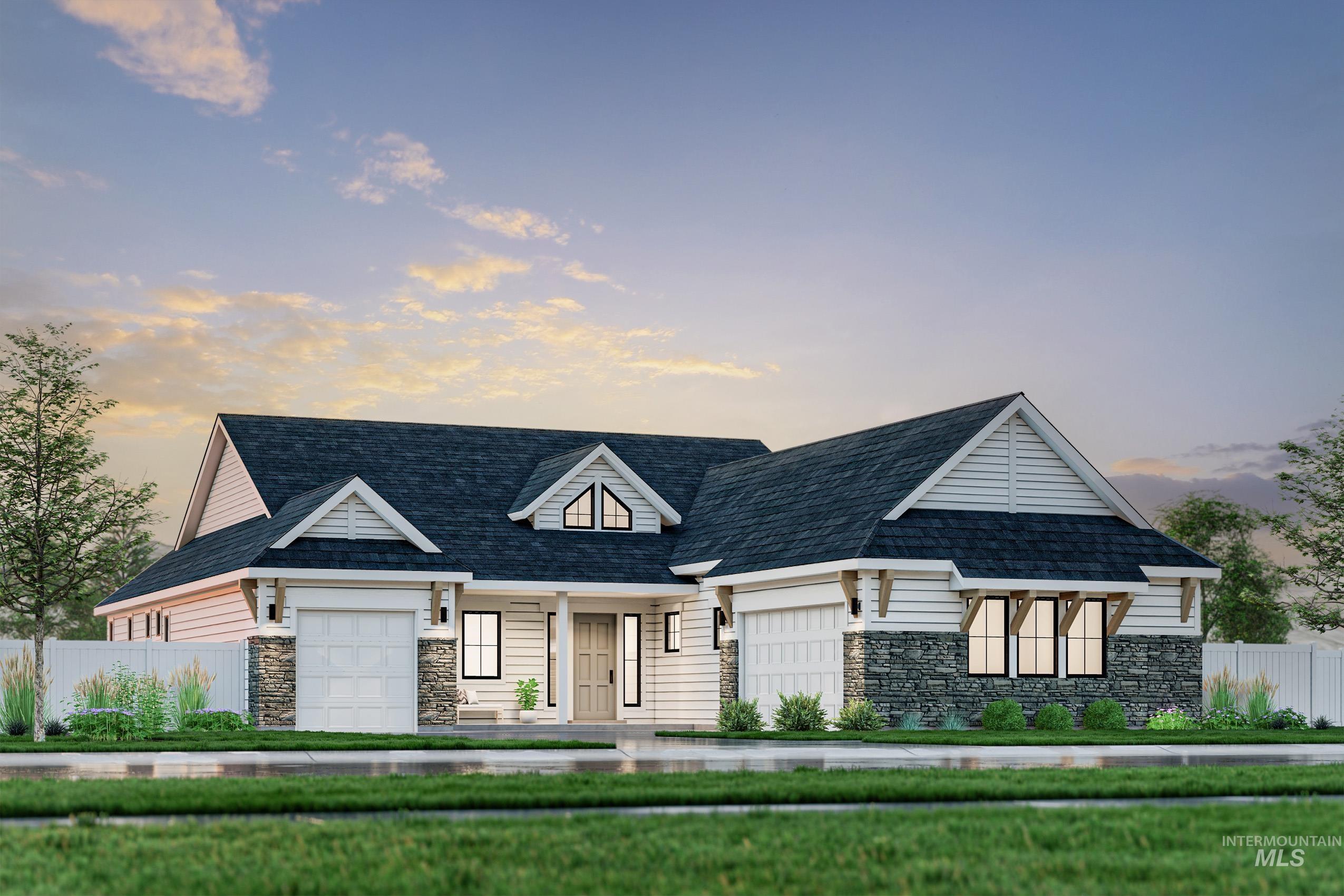 View of front facade featuring stone siding, covered porch, and roof with shingles