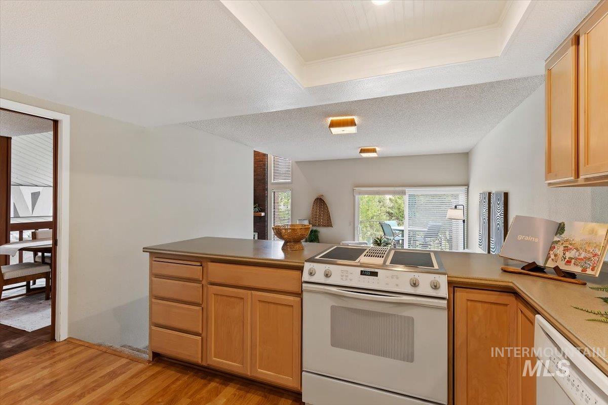 Kitchen featuring wood-finish flooring, light wood cabinetry, a built-in electric range, an integrated dishwasher, and a sliding glass door
