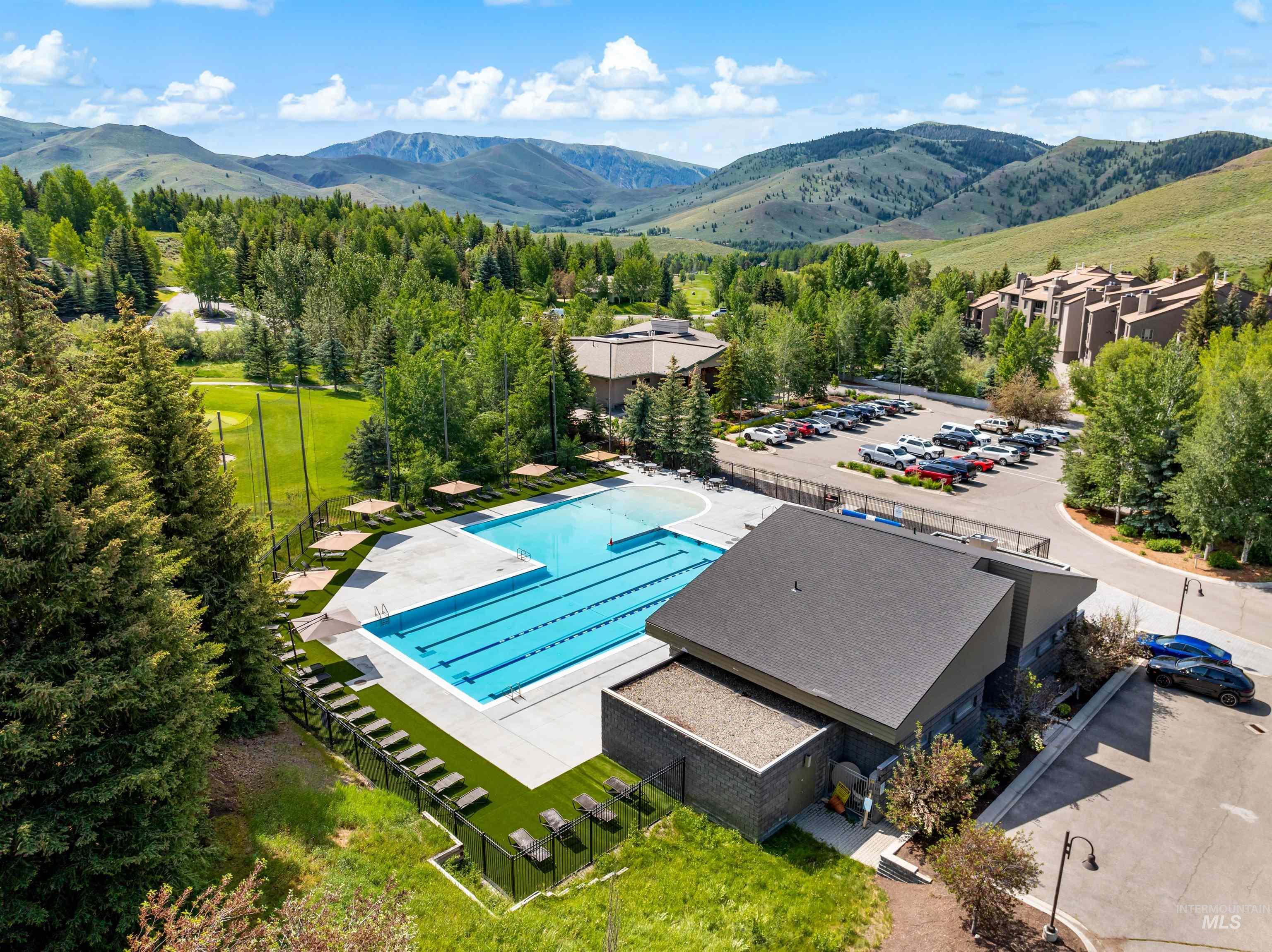 Aerial view of mountains and a pool
