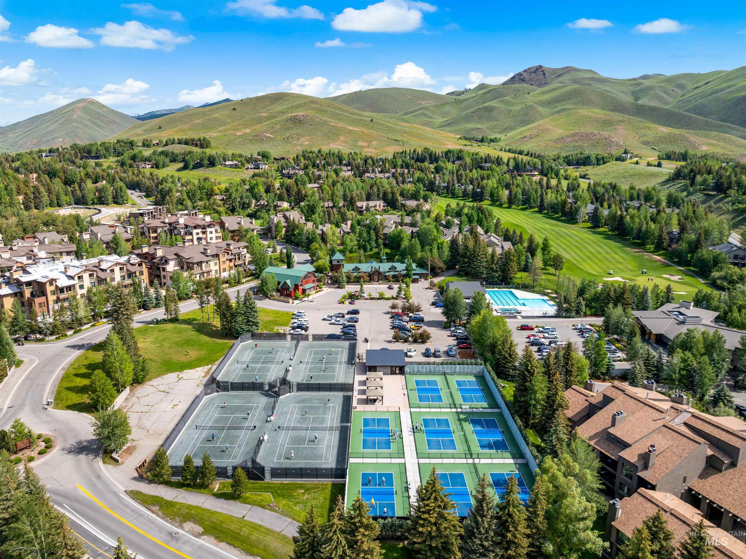 Aerial perspective of suburban area featuring a mountainous background