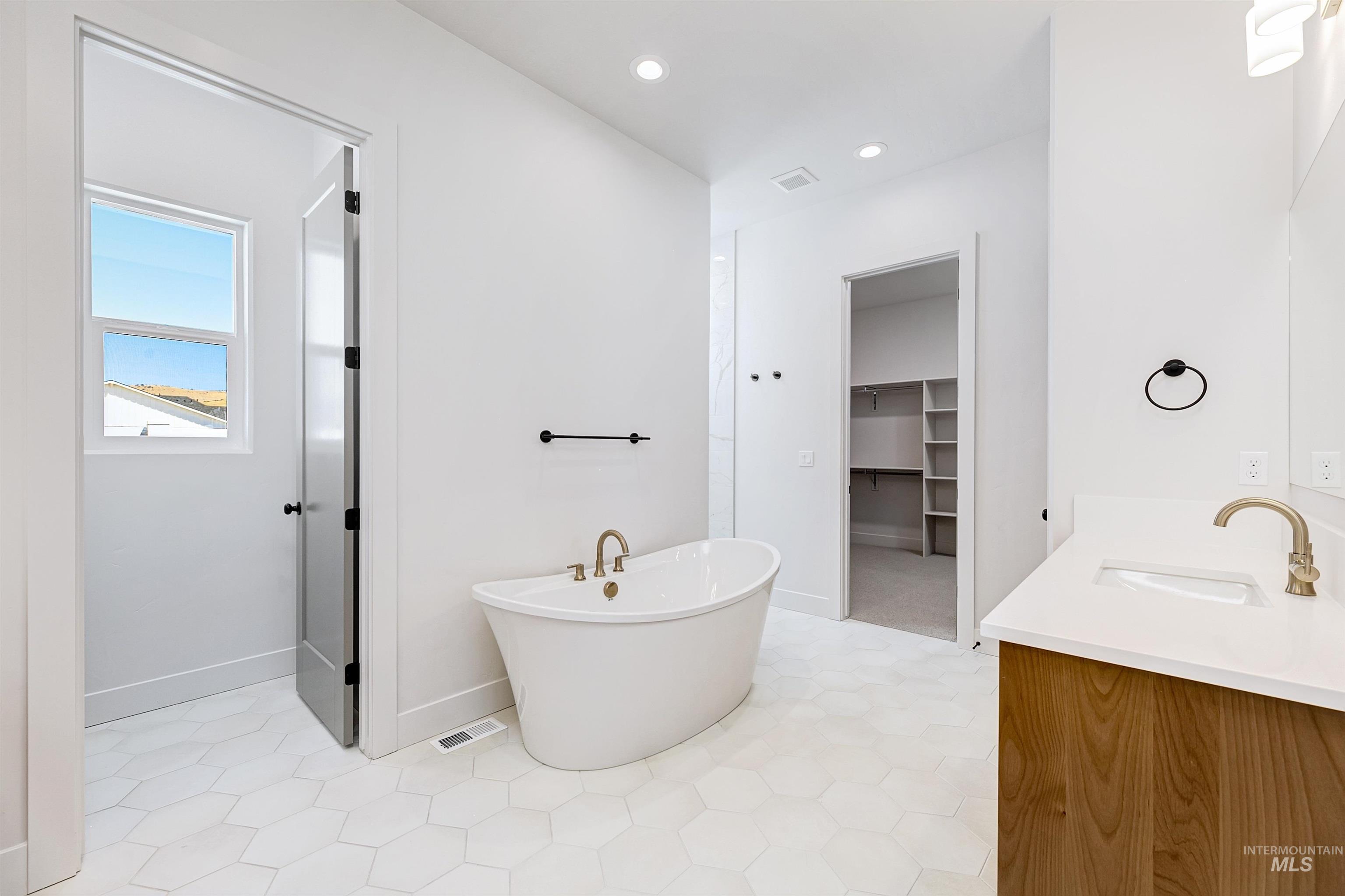 Bathroom featuring a freestanding tub, double vanity, a walk in closet, and recessed lighting