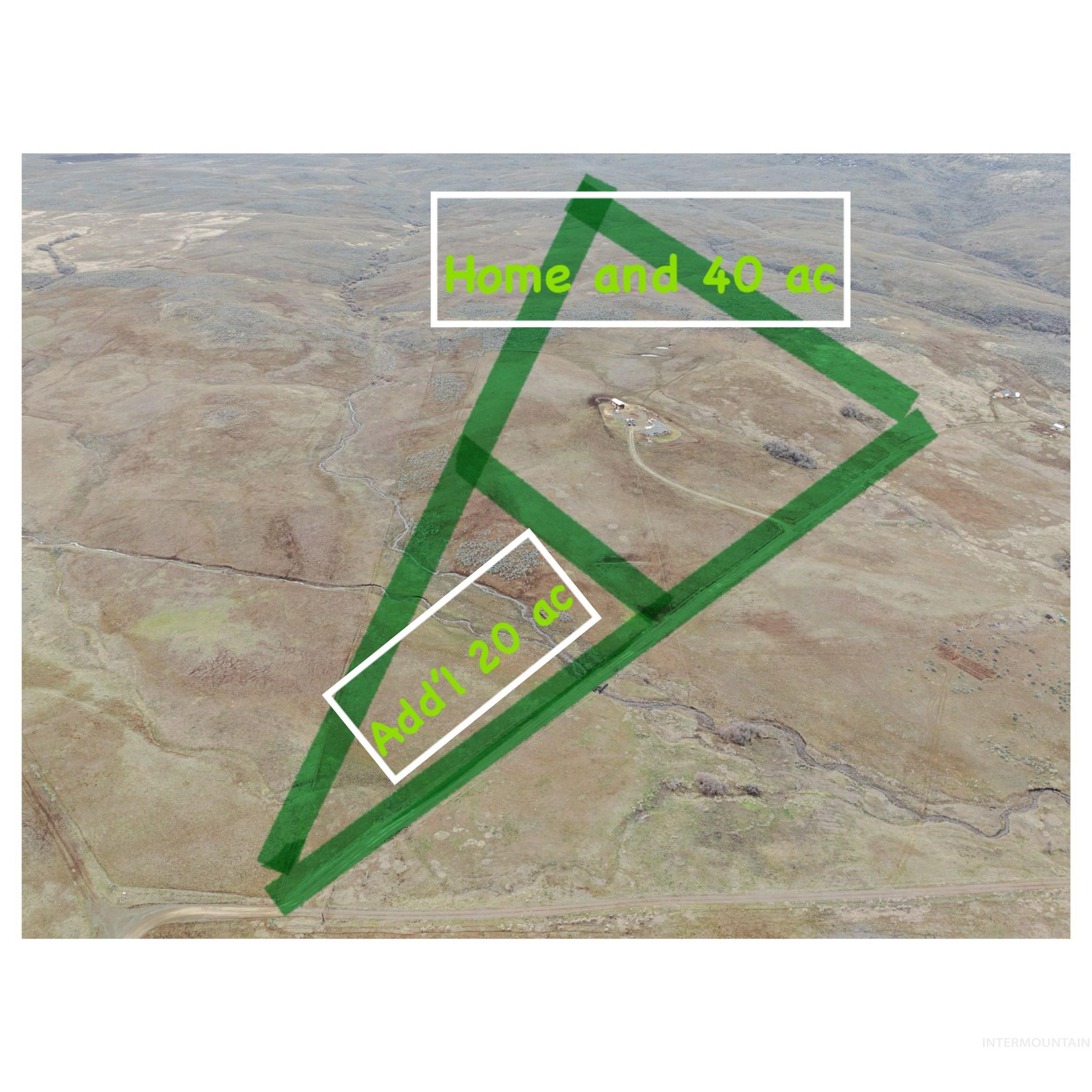 Aerial view of 40 acre property and adjacent 20 acre parcel, also for sale
