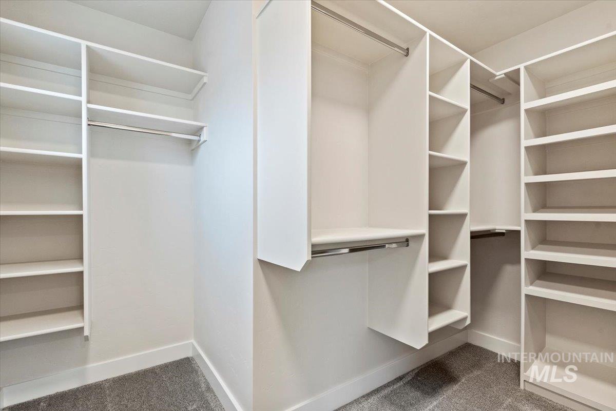 Walk in closet featuring dark colored carpet