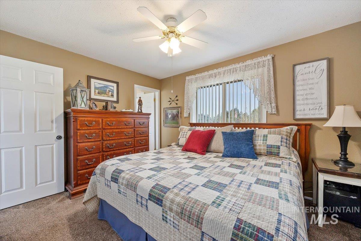 Bedroom featuring carpet, a textured ceiling, and a ceiling fan