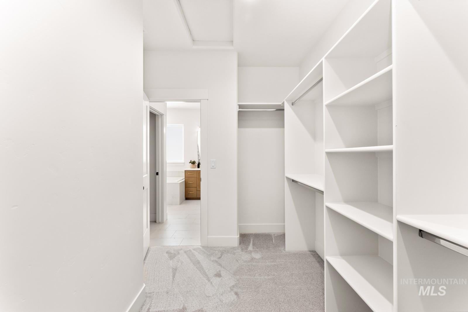 Walk in closet featuring light colored carpet