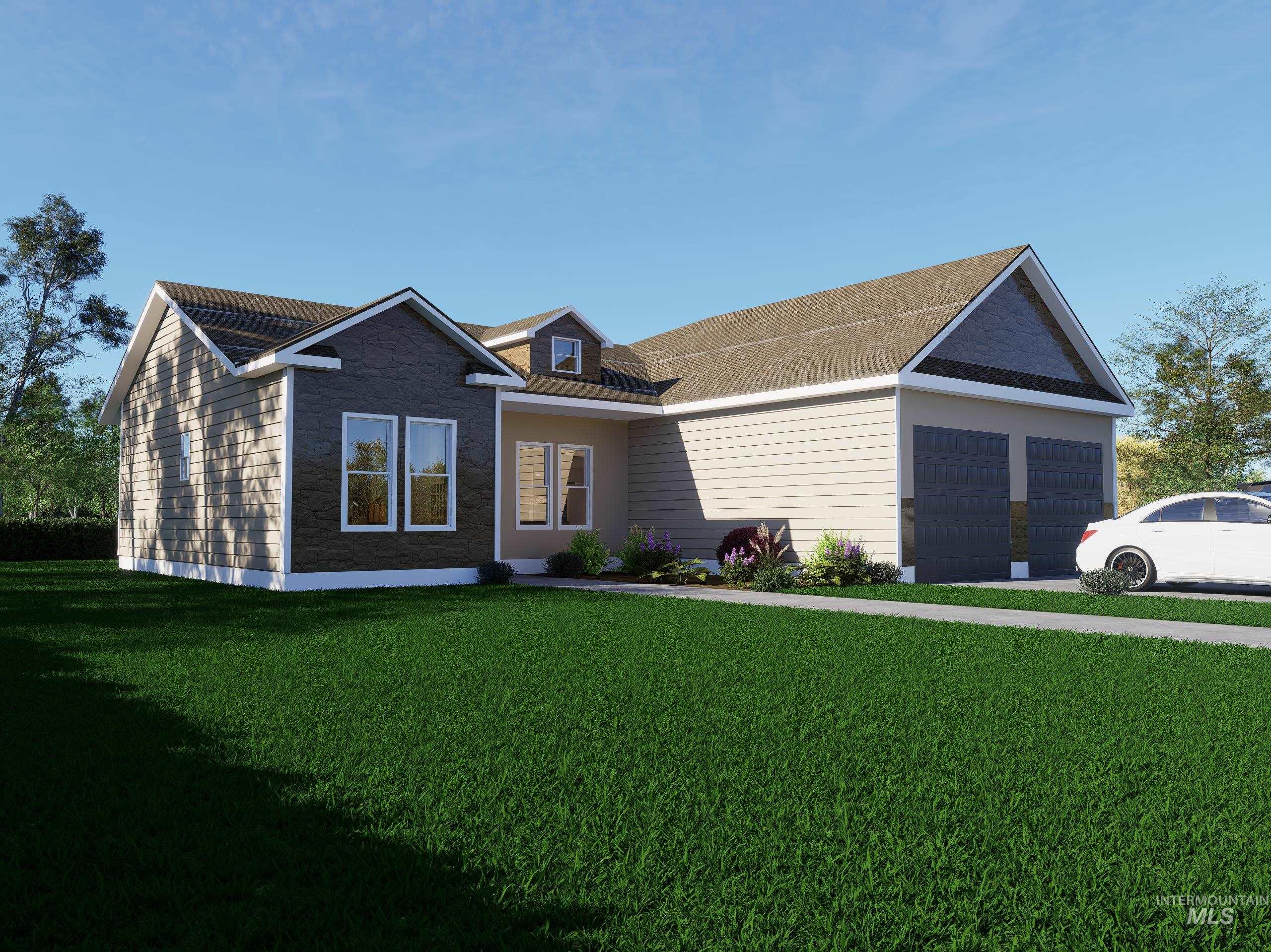 Single story home with an attached garage, a front yard, and a shingled roof